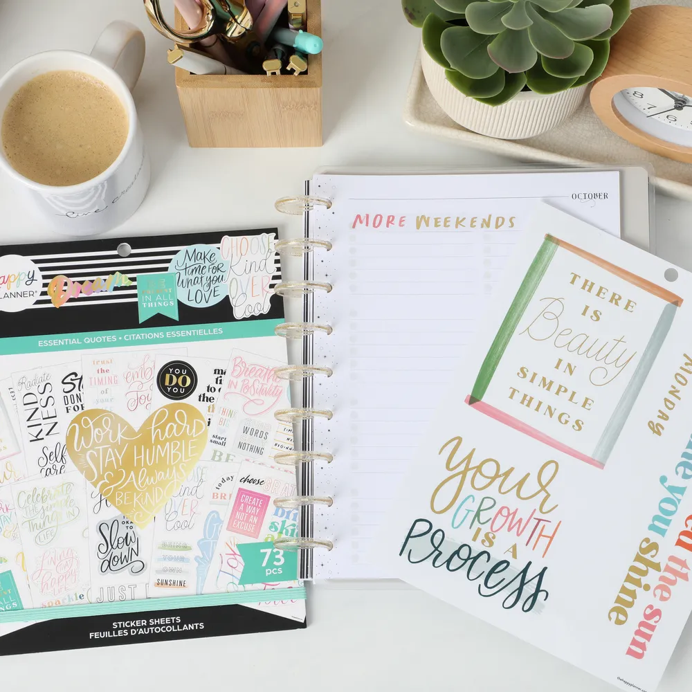 Happy Planner Essential Quotes stickers grand 15 planches 73 doré