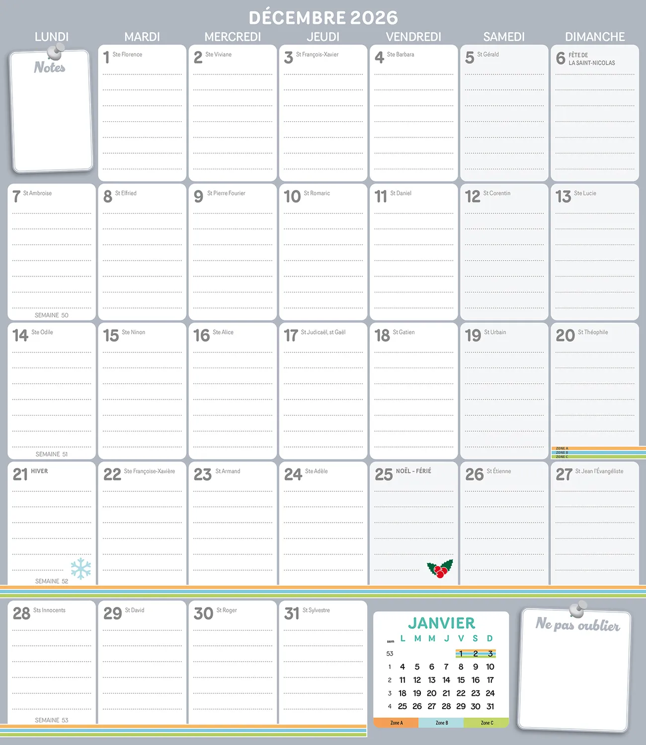 Frigobloc Mensuel 4 couleurs 2027 calendrier familial aimanté