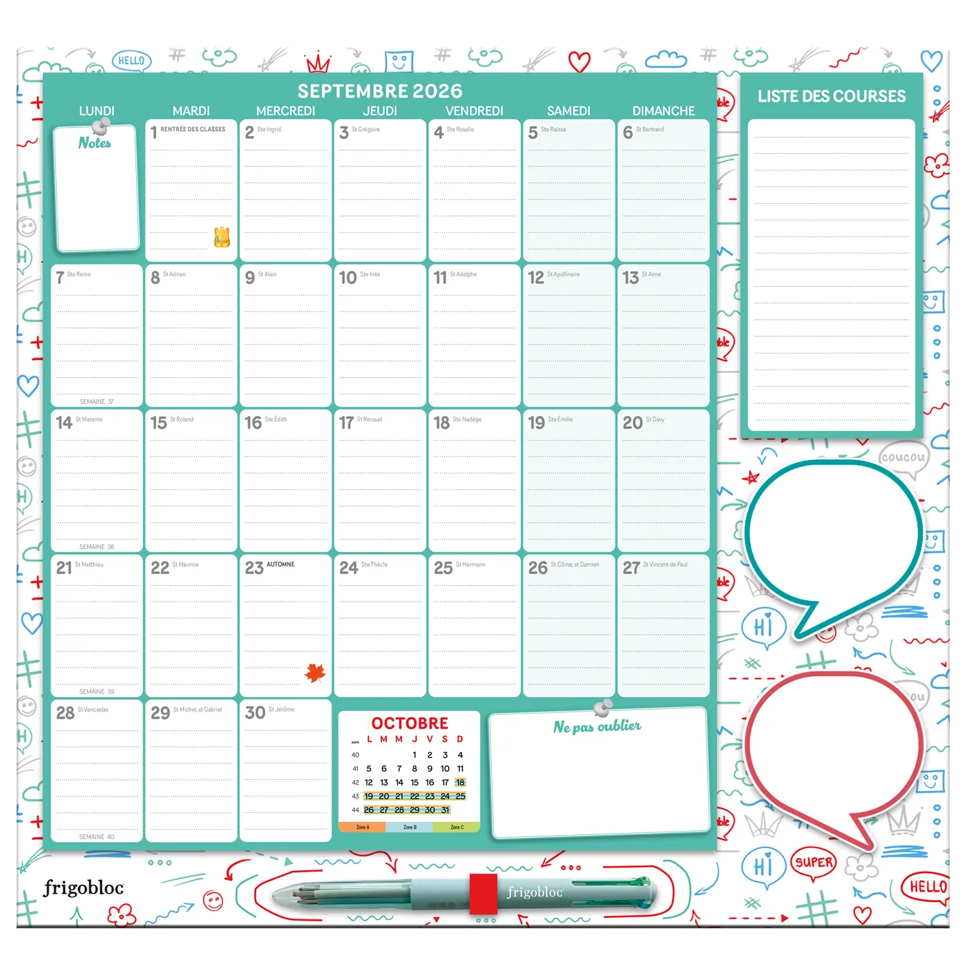 Frigobloc Mensuel 4 couleurs 2027 calendrier familial aimanté