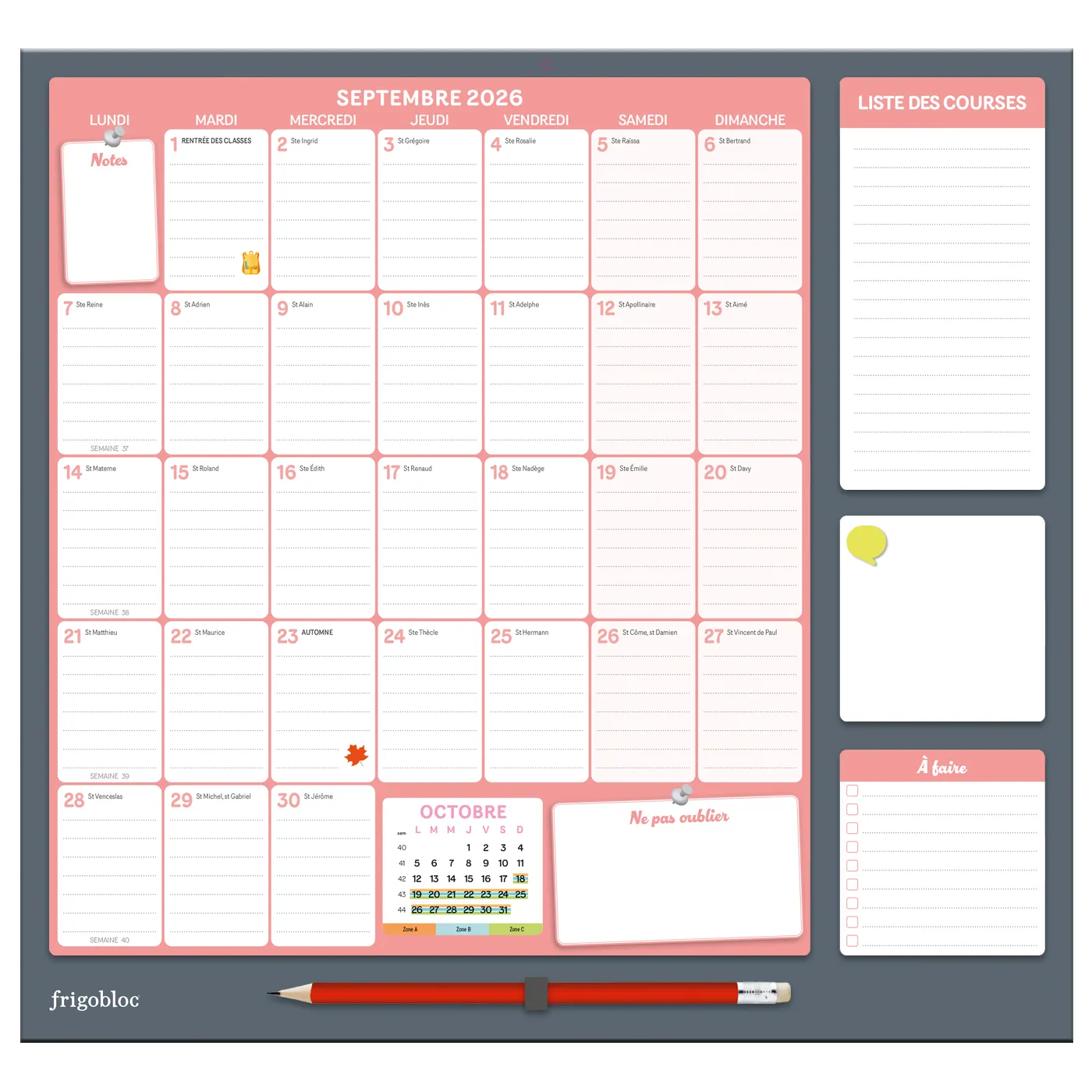 Frigobloc Mensuel 2027 calendrier familial 16 mois aimanté