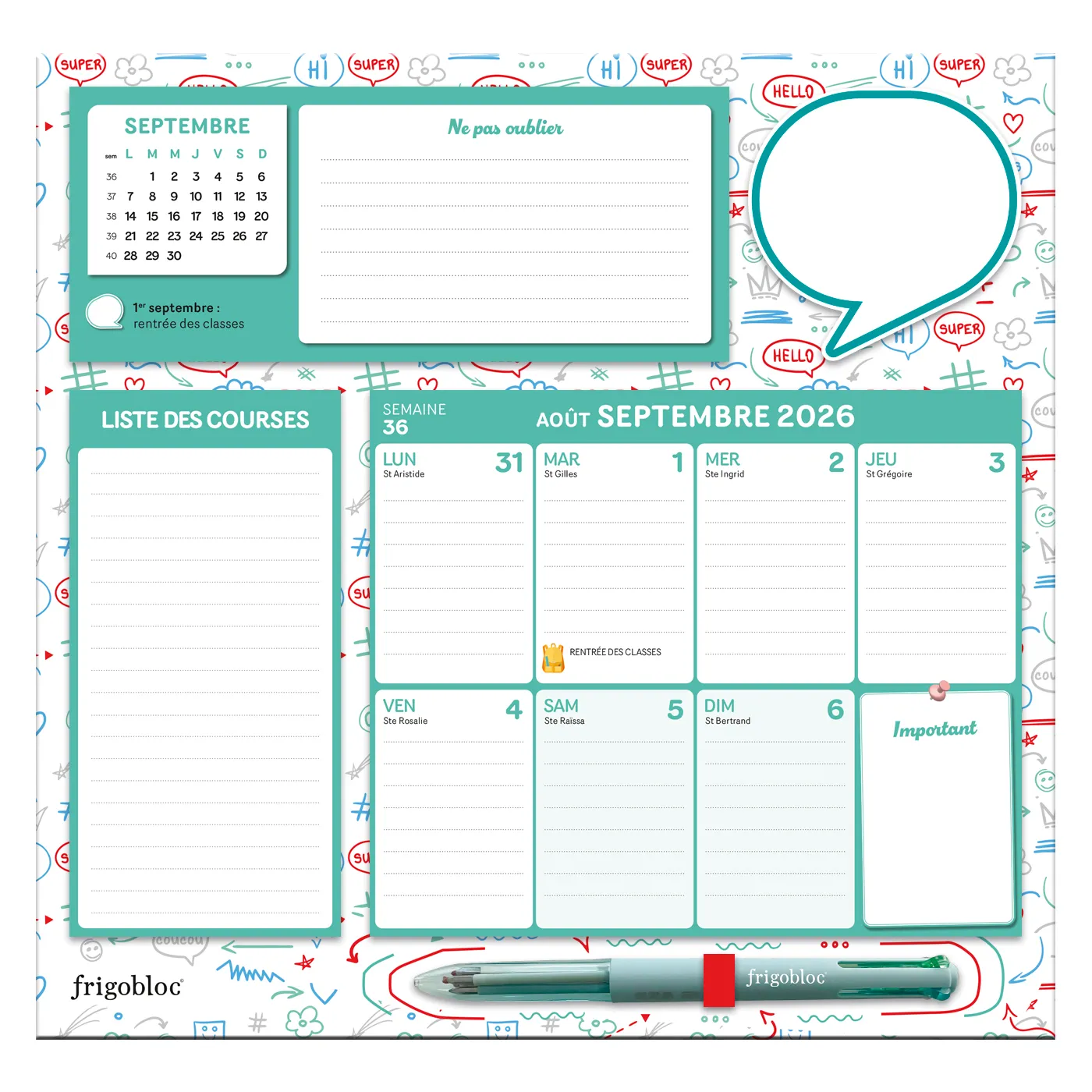 Frigobloc Hebdomadaire 4 couleurs 2027 calendrier familial 16 mois