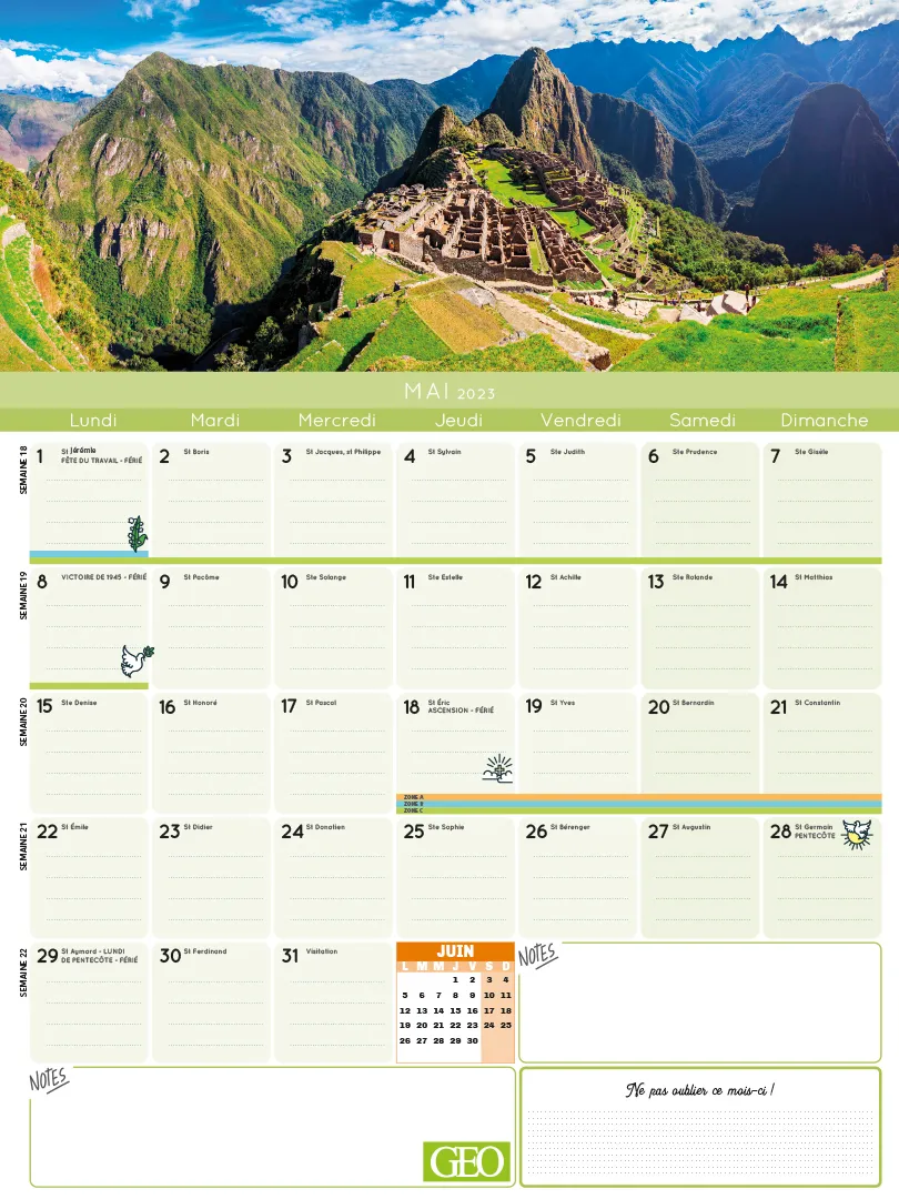 Frigobloc Mensuel Géo 2023 calendrier familial aimanté photos
