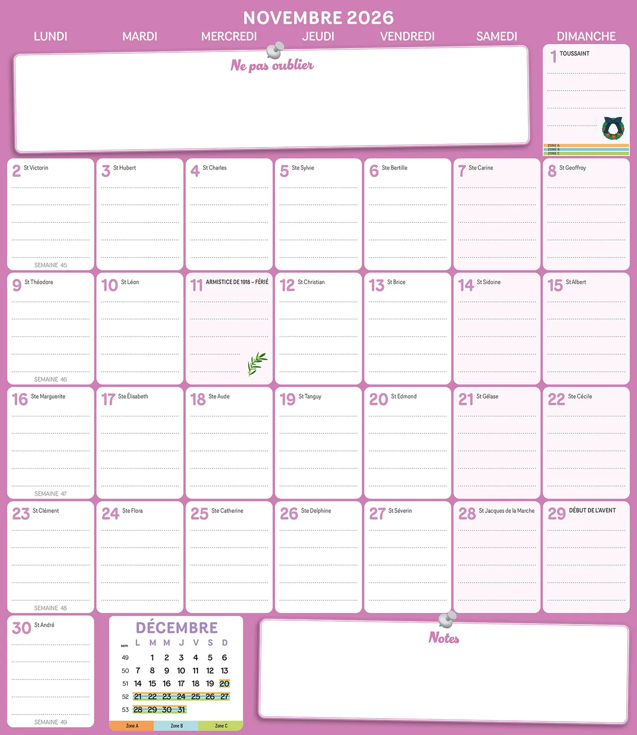 Frigobloc Mensuel 2027 calendrier familial 16 mois aimanté
