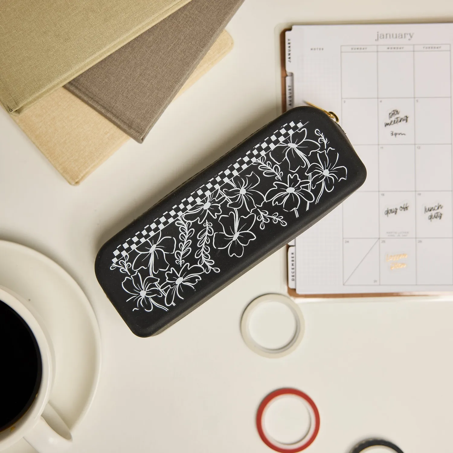 Happy Planner Flower Charm trousse silicone crayons fleurs noir