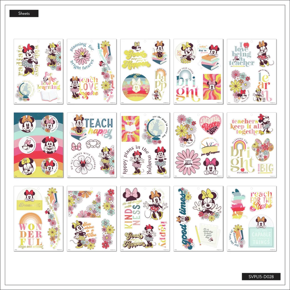 Happy Planner Disney Minnie Teacher stickers grand 15 feuilles 62 pièces