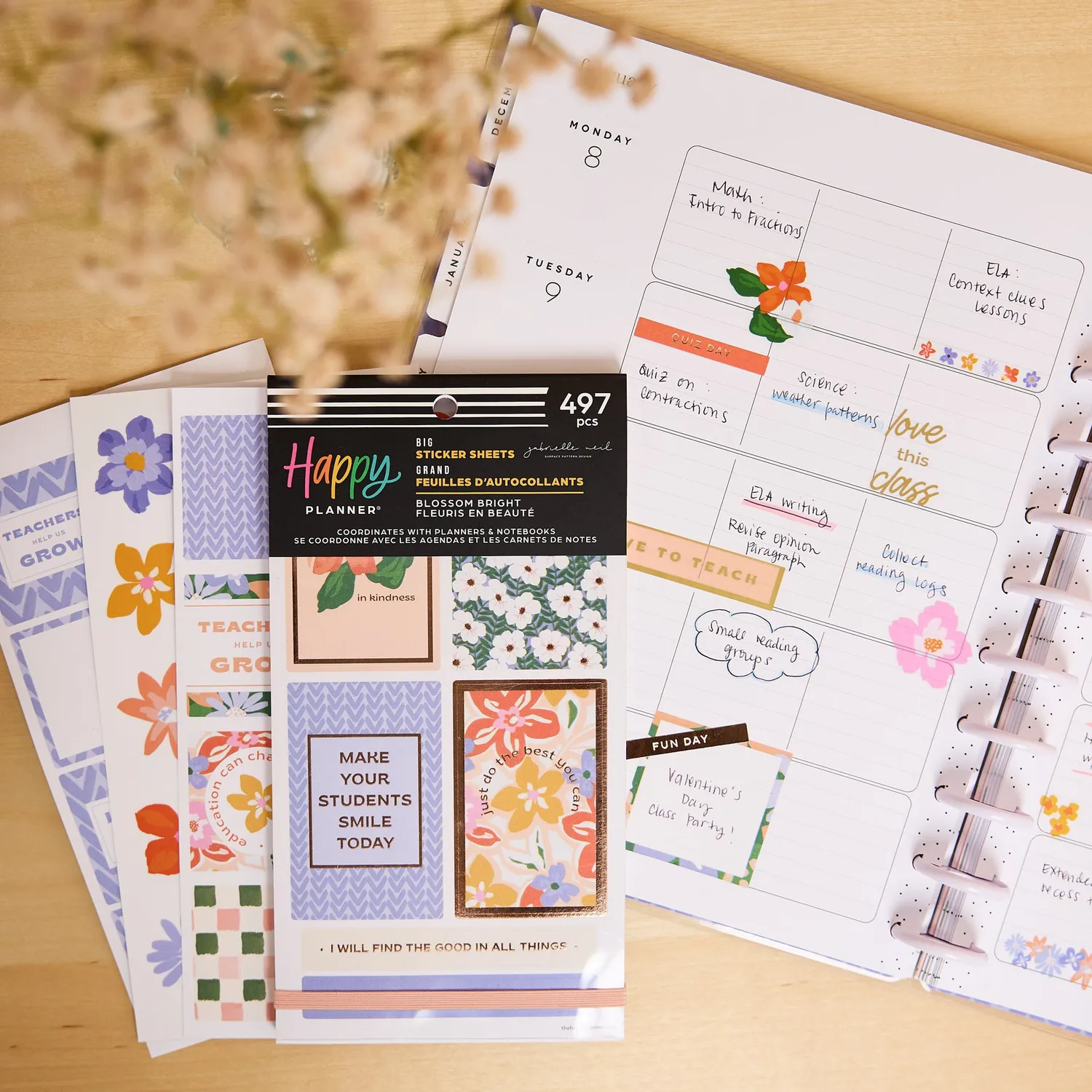Happy Planner Blossom Bright Teacher stickers Big 30 planches floral