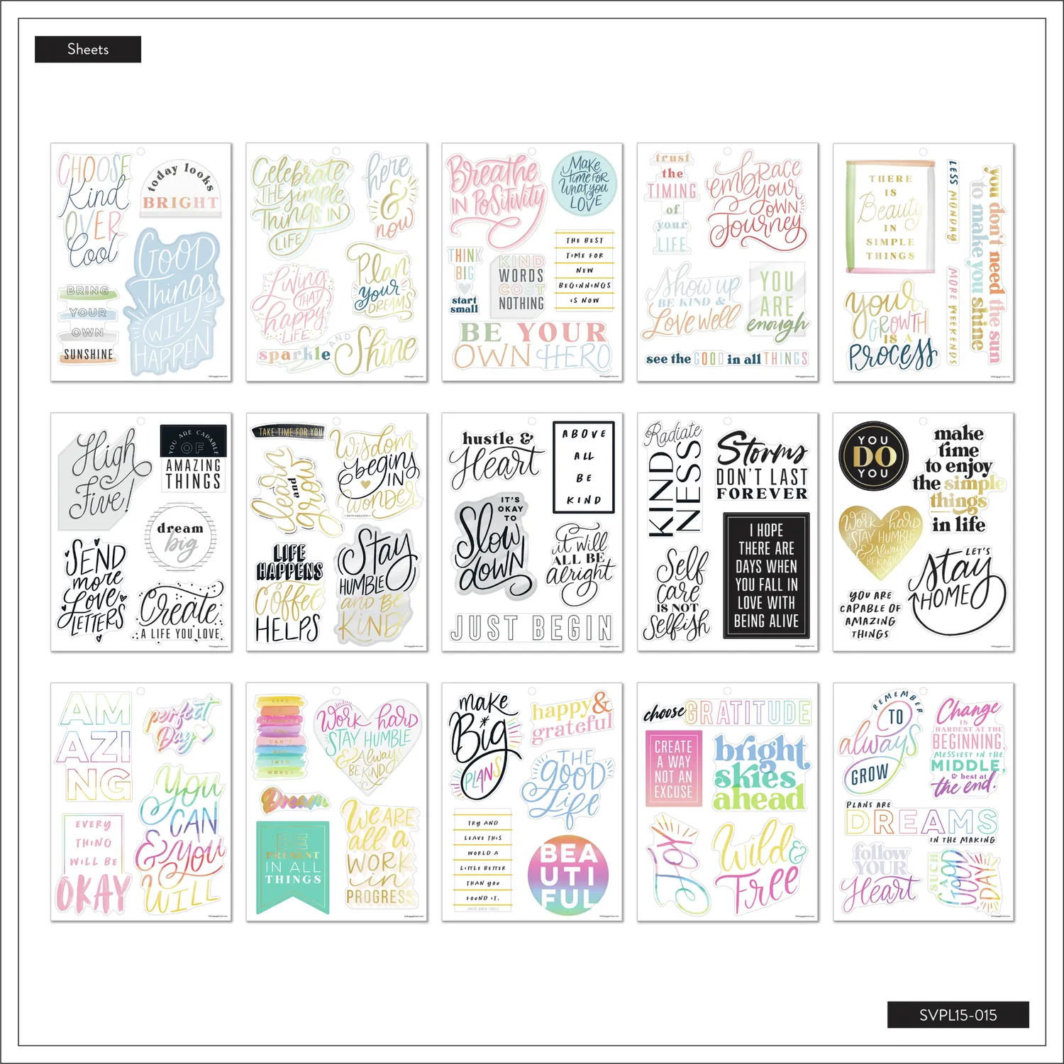 Happy Planner Essential Quotes stickers grand 15 planches 73 doré