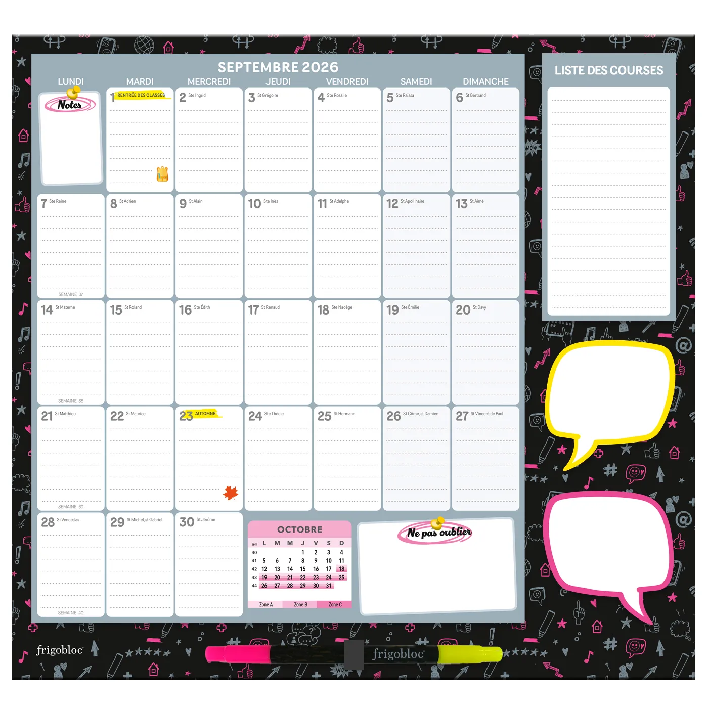 Frigobloc Mensuel Fluo 2027 calendrier familial 16 mois aimanté