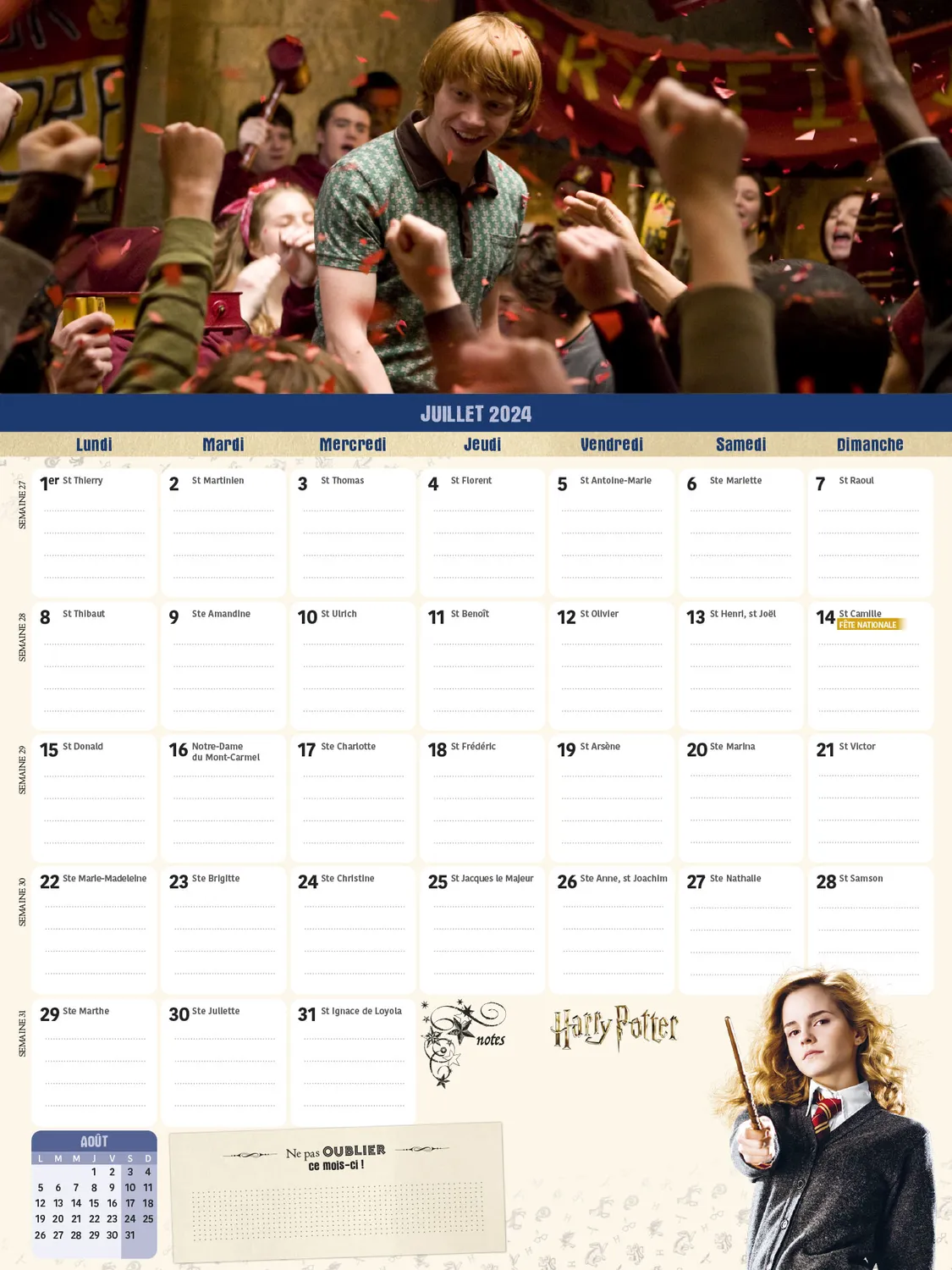 Frigobloc Mensuel 2024 Harry Potter calendrier familial 16 mois