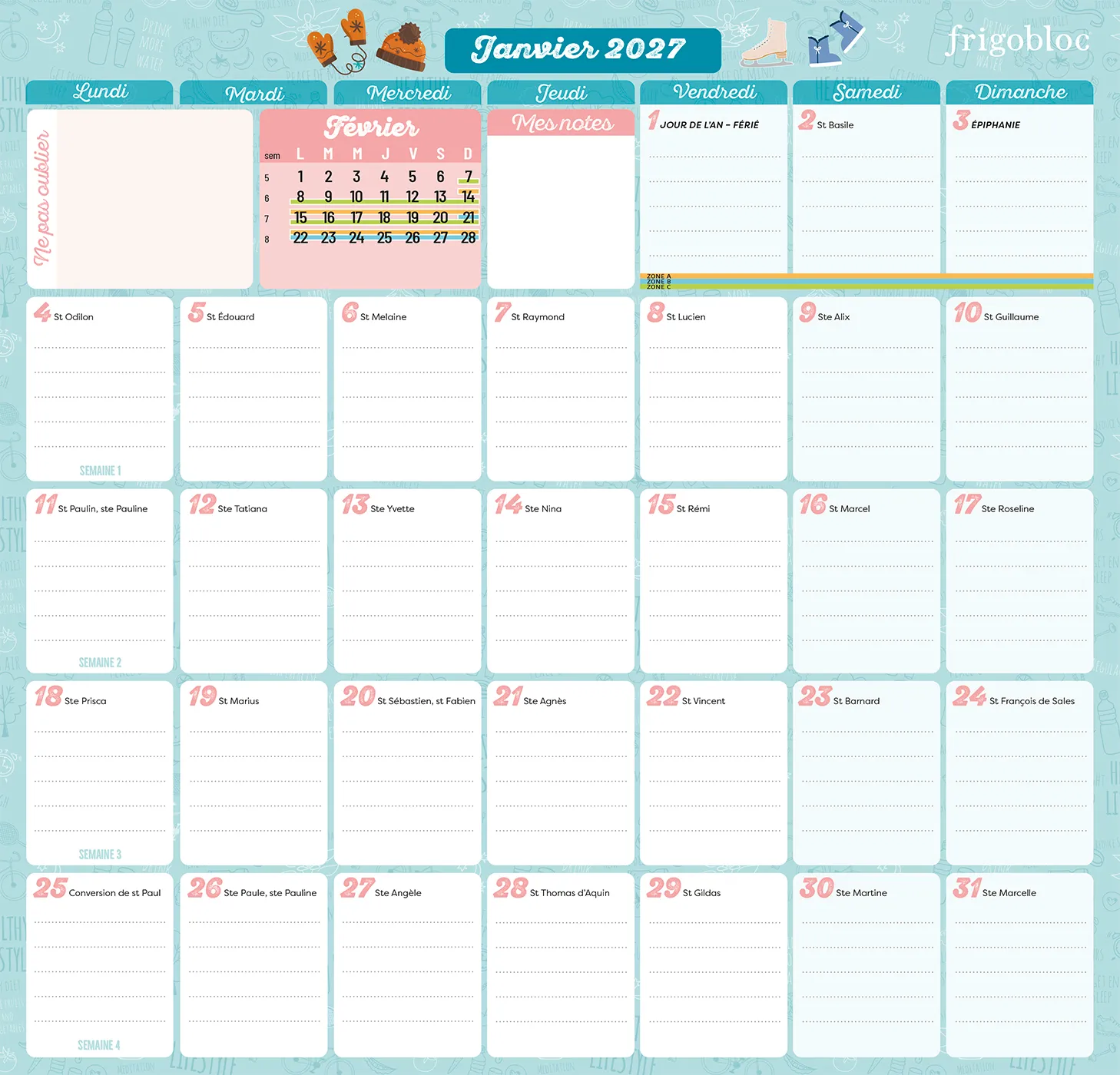 Frigobloc Planning mensuel 2 ans calendrier janv 2027-déc 2028