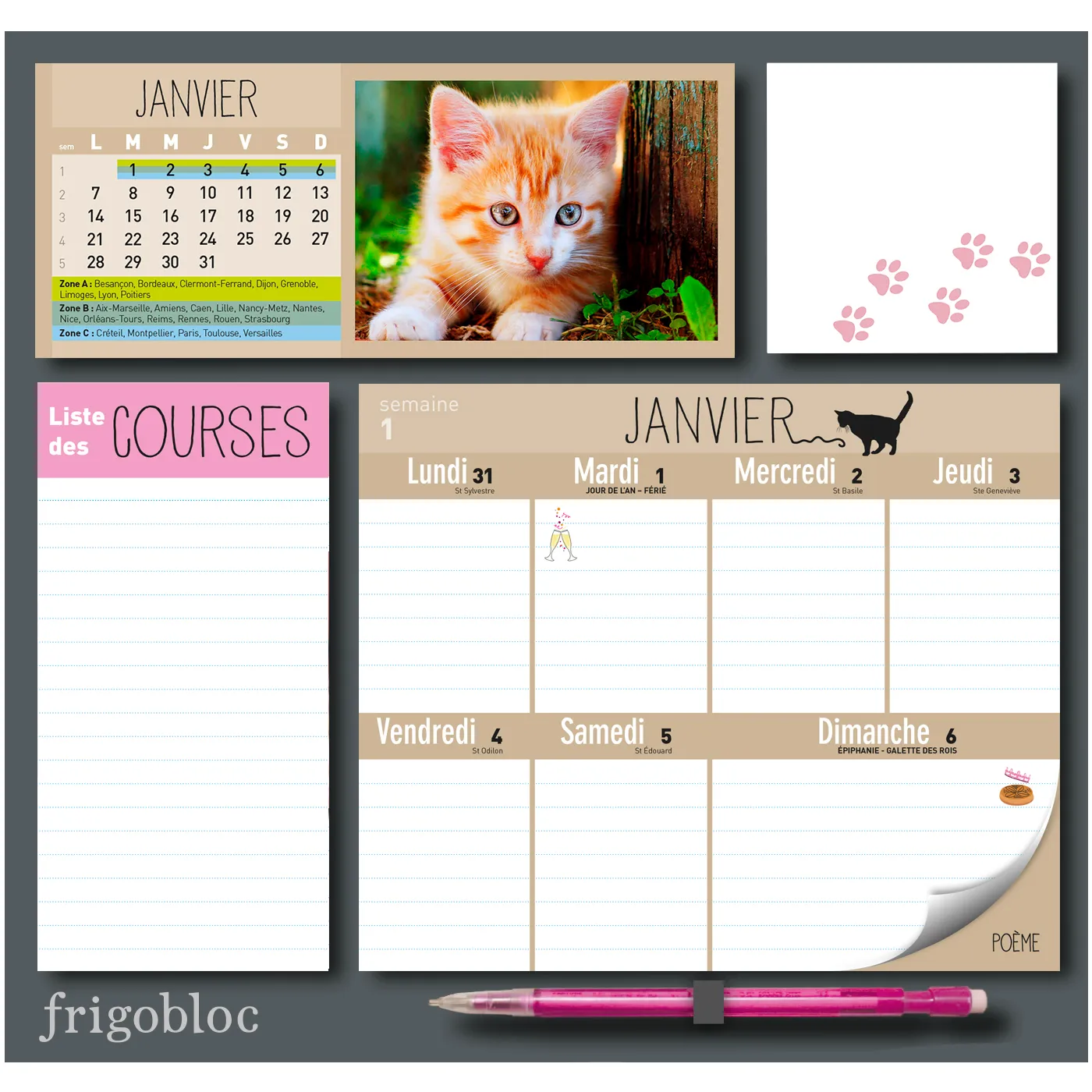 Frigobloc Chats 2020 calendrier familial aimanté mois semaine