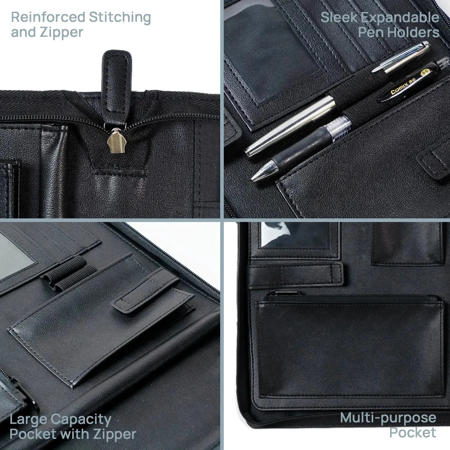 Poprun PF1113PU-BK porte-documents cuir zip noir 50 feuilles