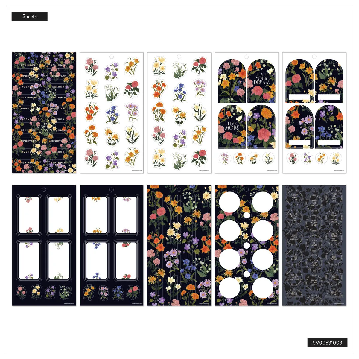 Happy Planner Dark Garden stickers Big floral 313 doré