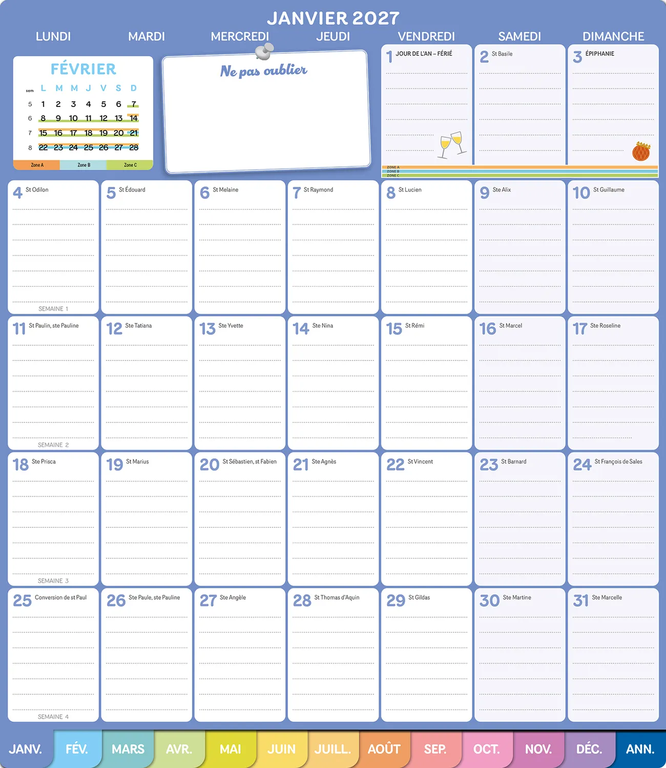 Frigobloc Mensuel calendrier familial 2027 à onglets aimanté