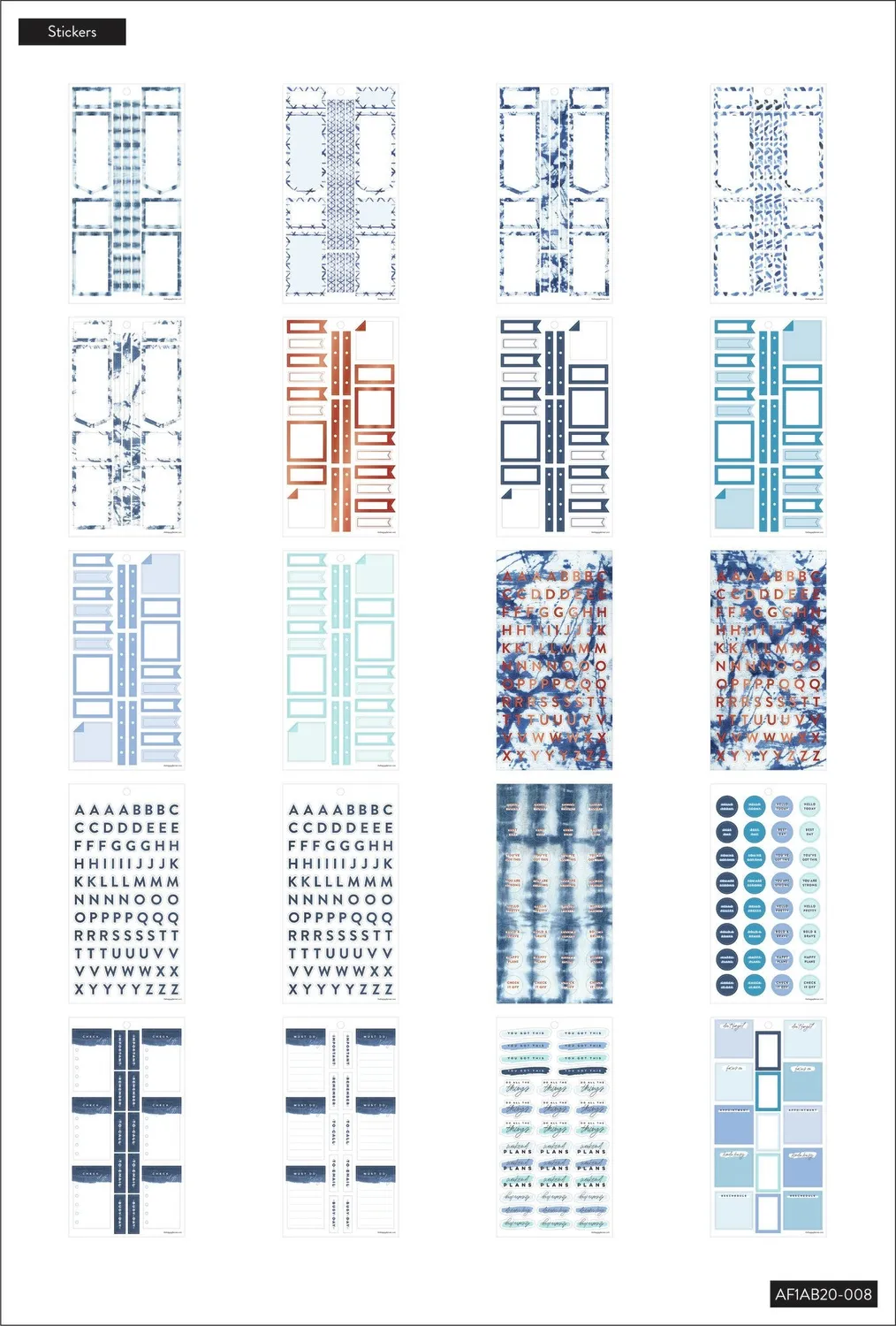 Happy Planner Indigo Tie Dye carnet stickers 692 alphabet