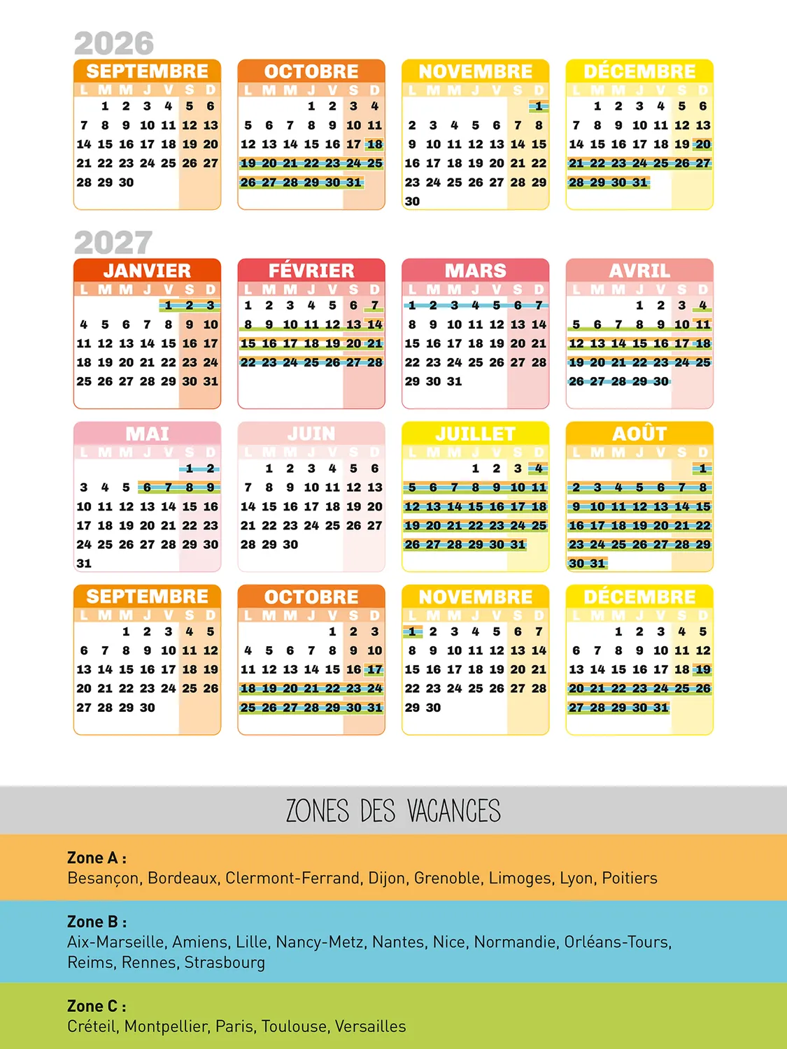 Frigobloc Mensuel Année zen calendrier familial sept 2026-déc 2027