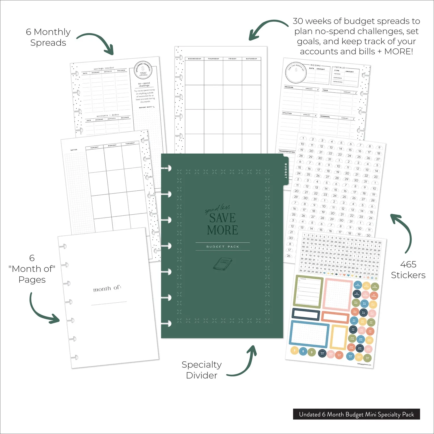 Happy Planner Budget Mini recharge agenda 6 mois à anneaux