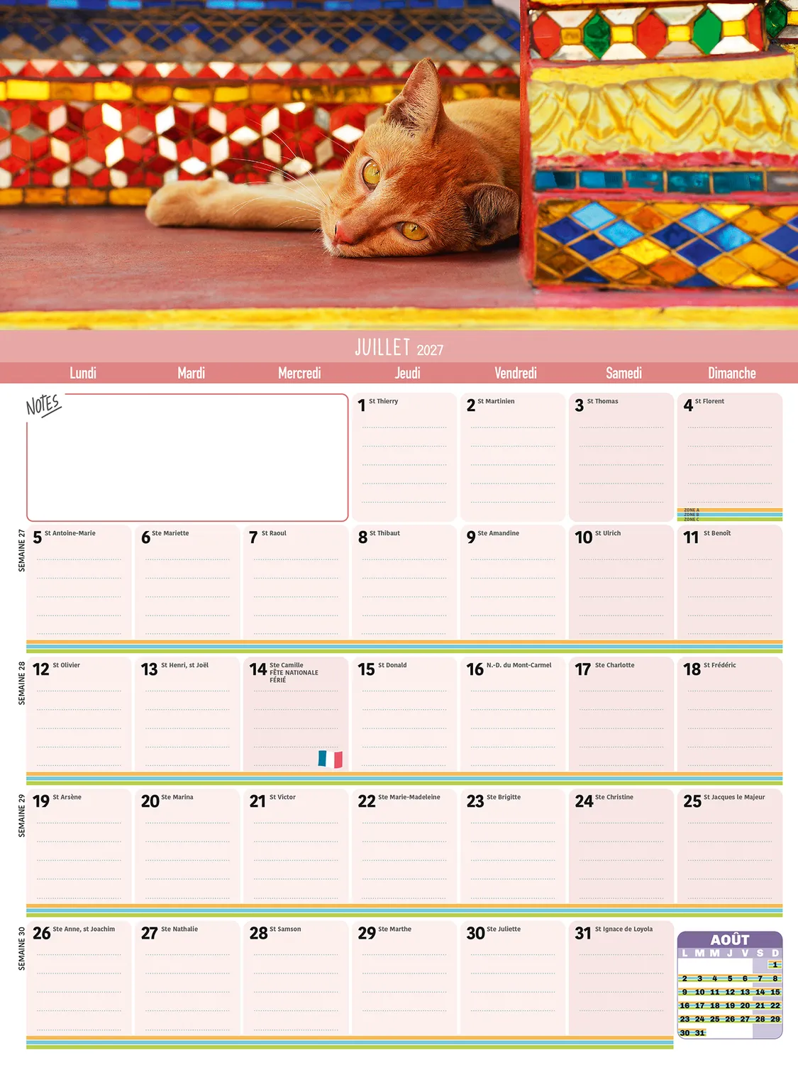 Frigobloc Mensuel Chats 2027 calendrier familial sept 2026-déc 2027