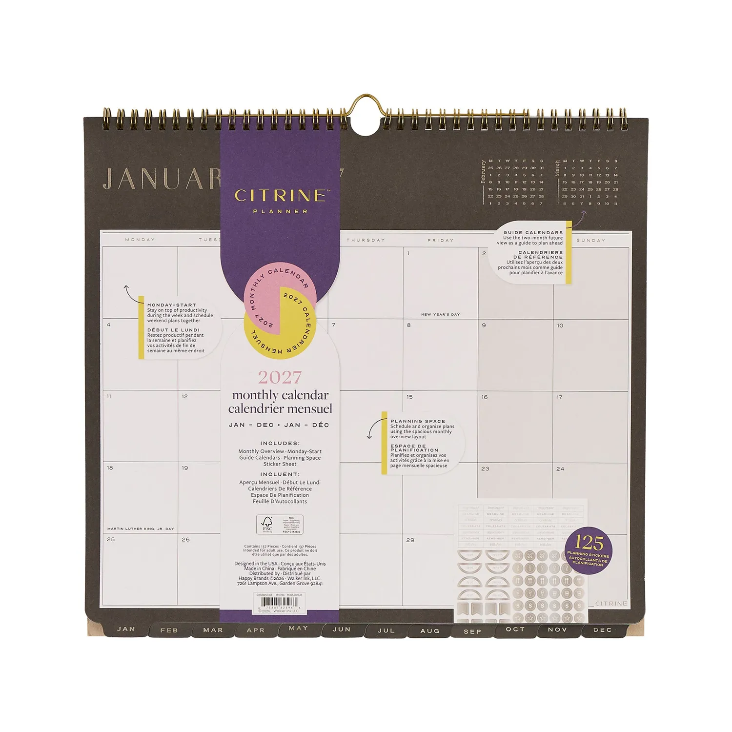 Happy Planner Citrine Midnight calendrier mural 2027 petit