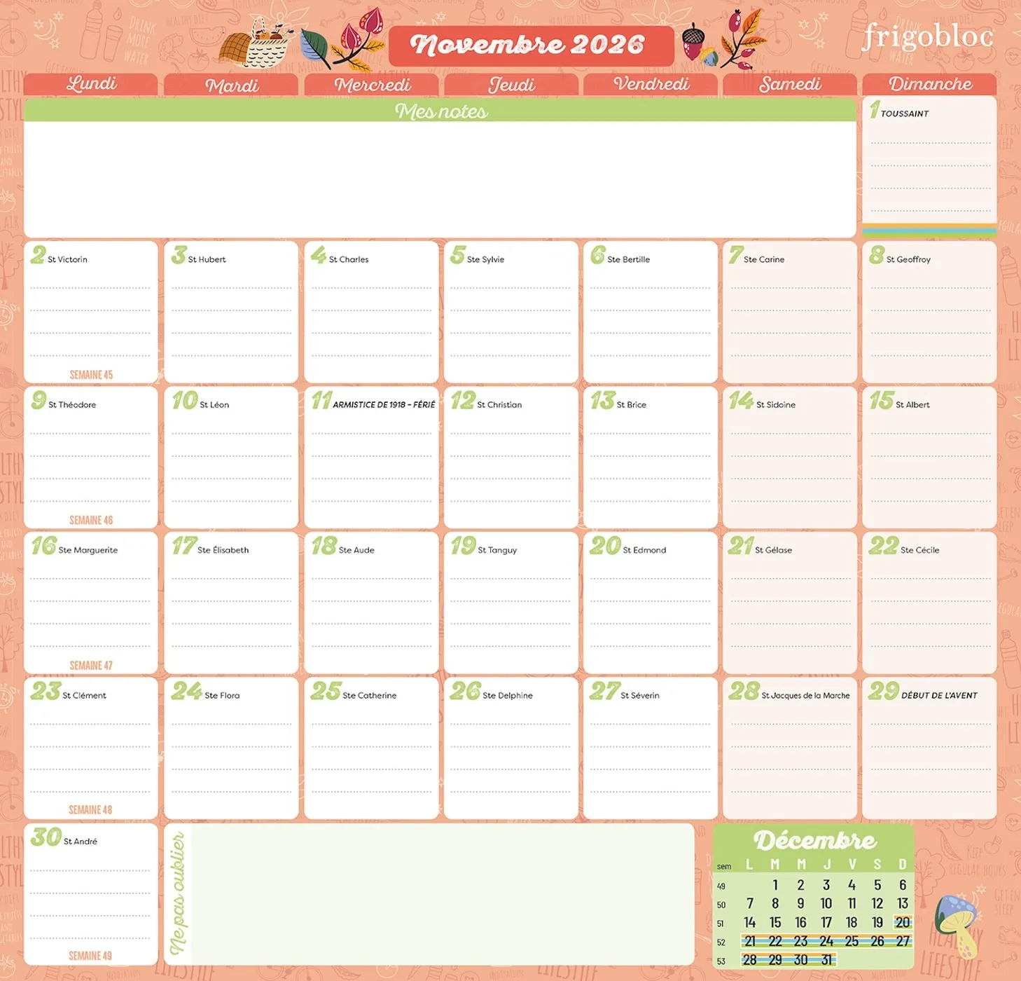Frigobloc Planning Mensuel 2 ans calendrier frigo 2025-2026