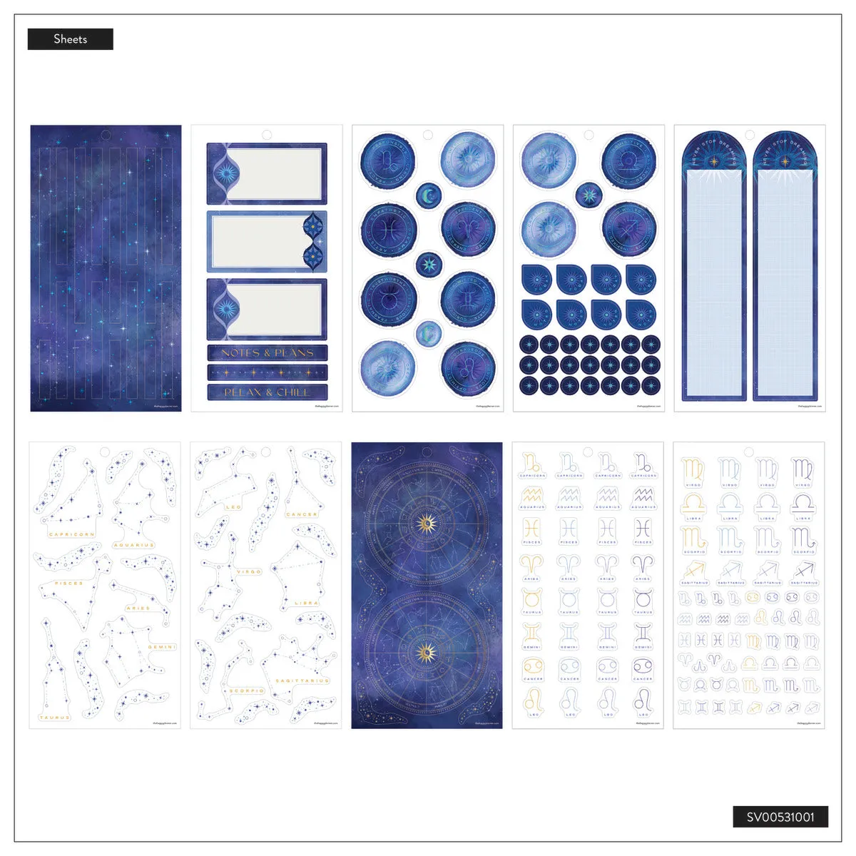 Happy Planner Star Signs stickers Big 447 bleu doré