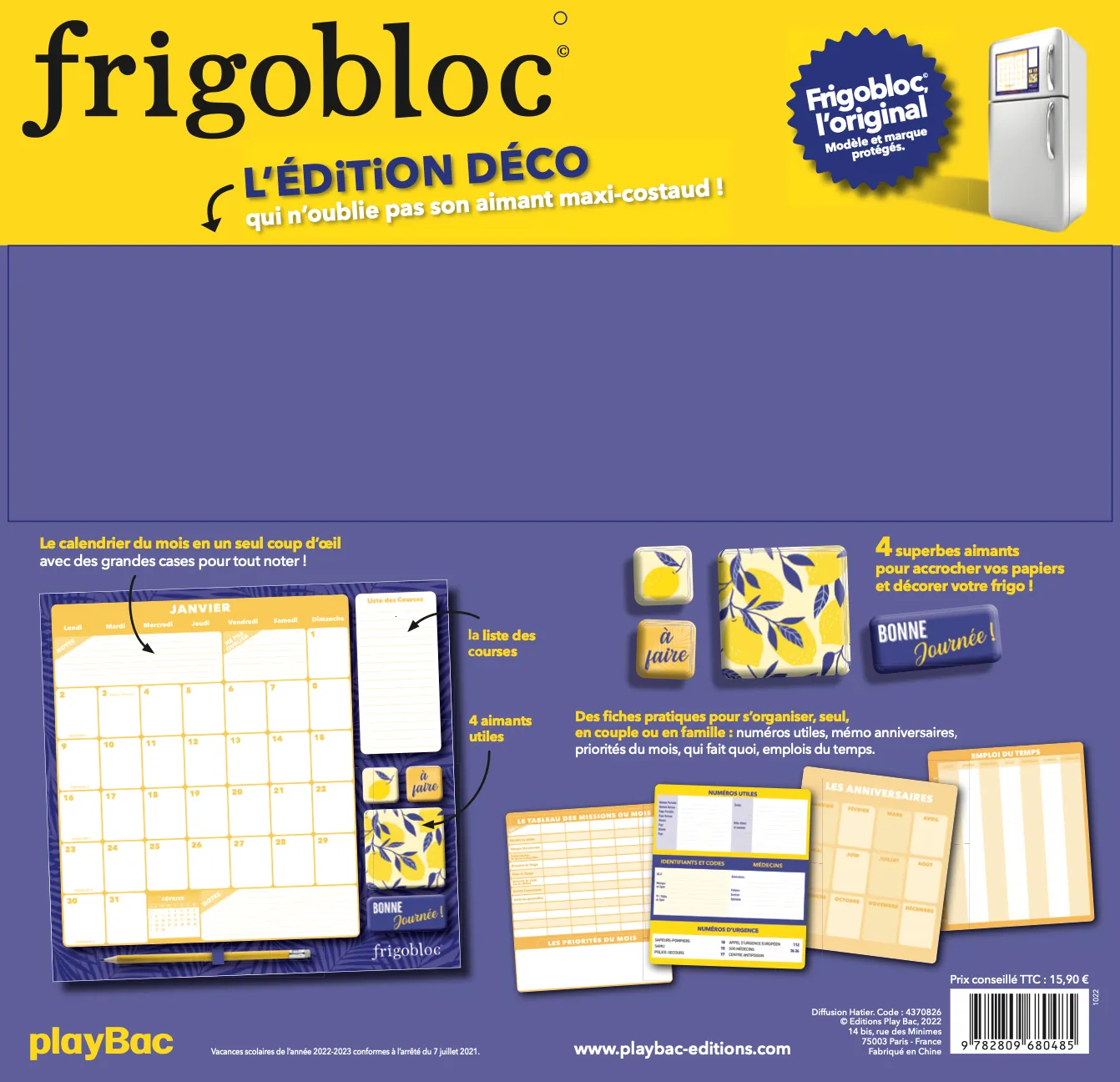 Frigobloc Mensuel 2023 Déco bleu calendrier janv-déc 2023