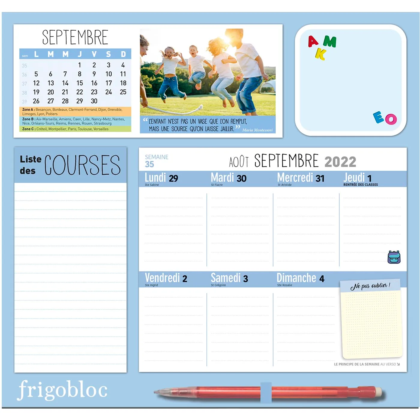 Frigobloc Hebdomadaire 2023 Montessori calendrier familial