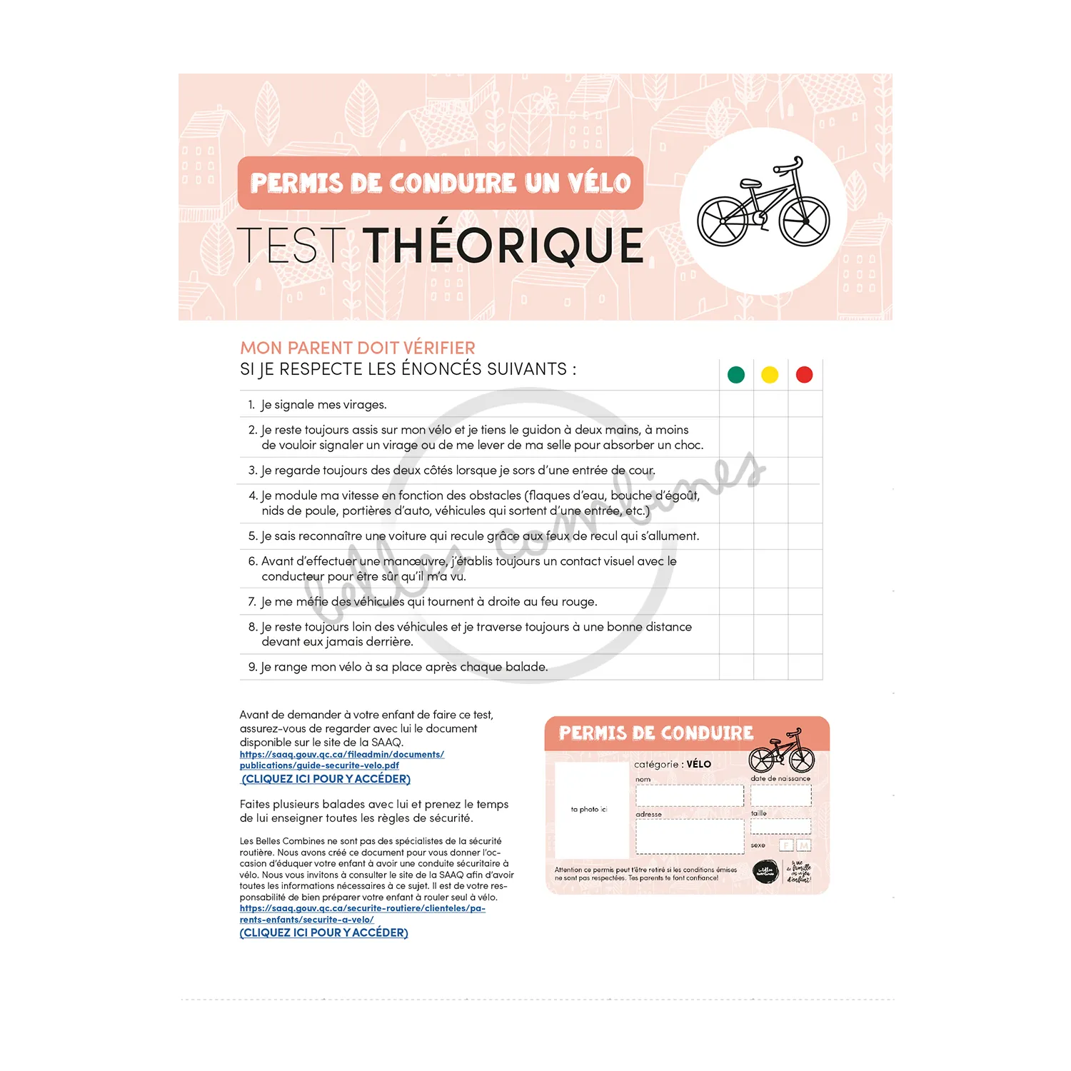 Les Belles Combines permis vélo fiche à imprimer