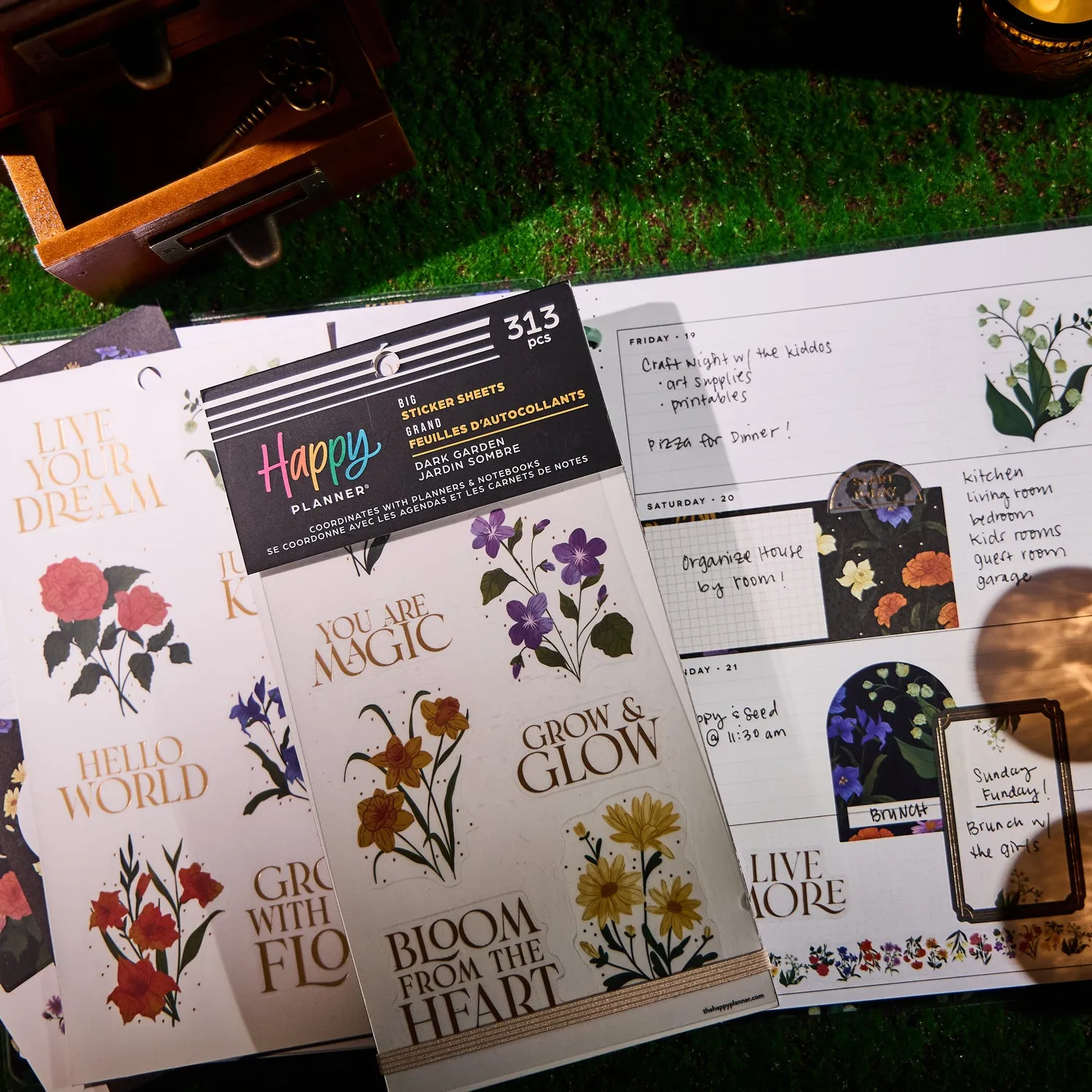 Happy Planner Dark Garden stickers Big floral 313 doré