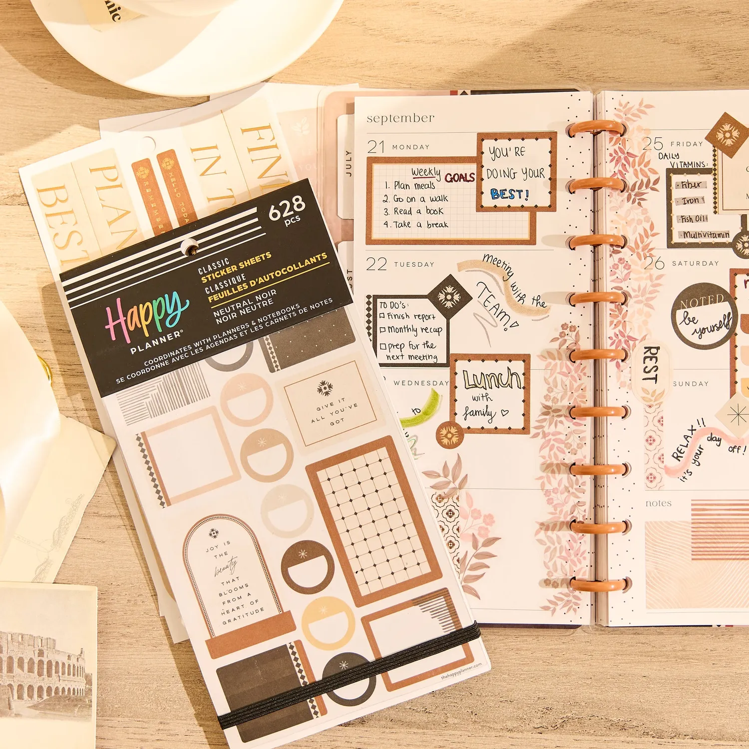 Happy Planner Neutral Noir stickers classiques 30 feuilles