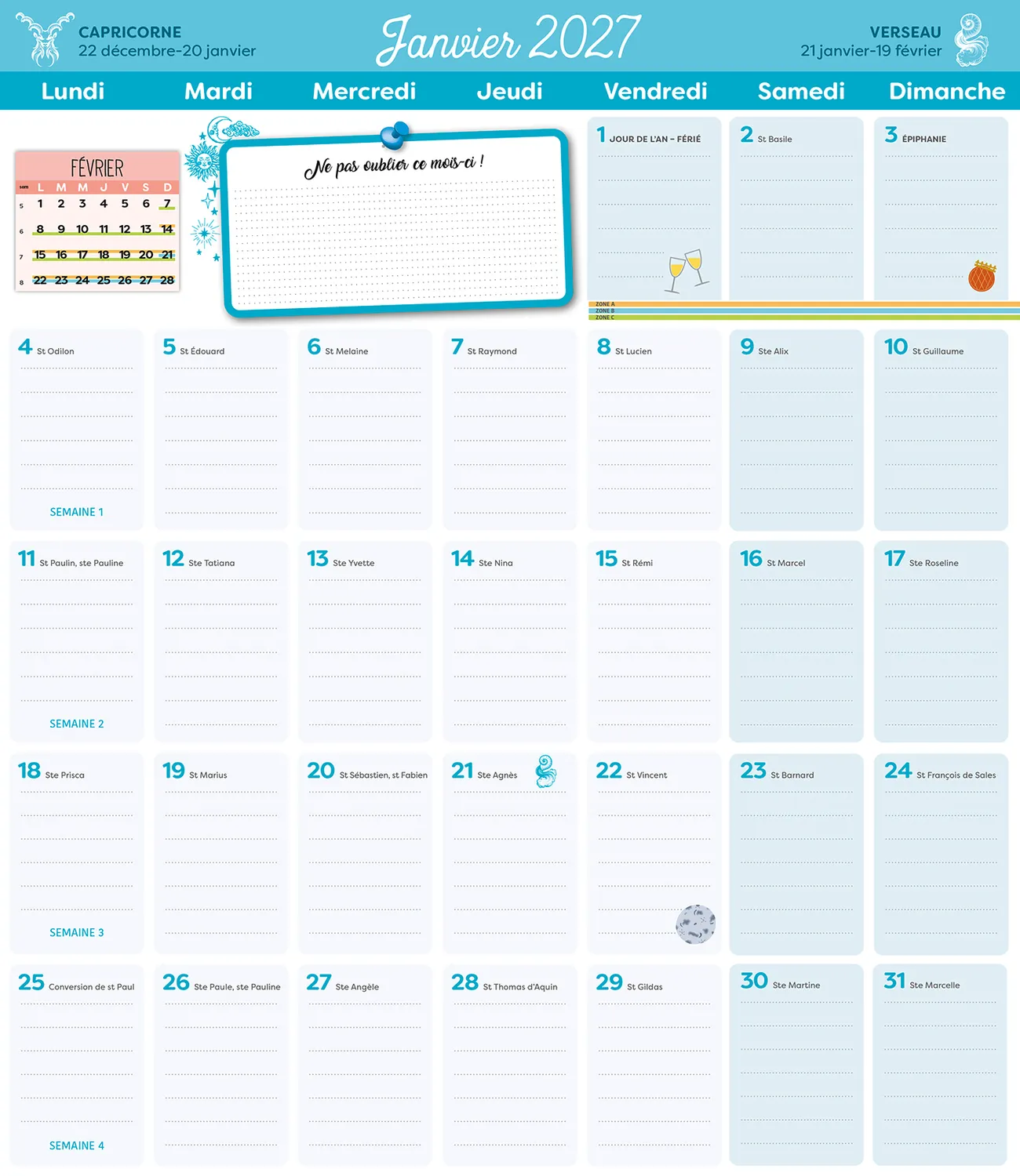 Frigobloc Mensuel 2027 Horoscope calendrier familial aimanté