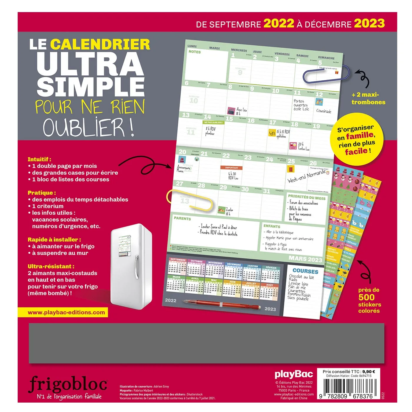 Frigobloc Mini Ultra Simple calendrier famille 16 mois aimanté