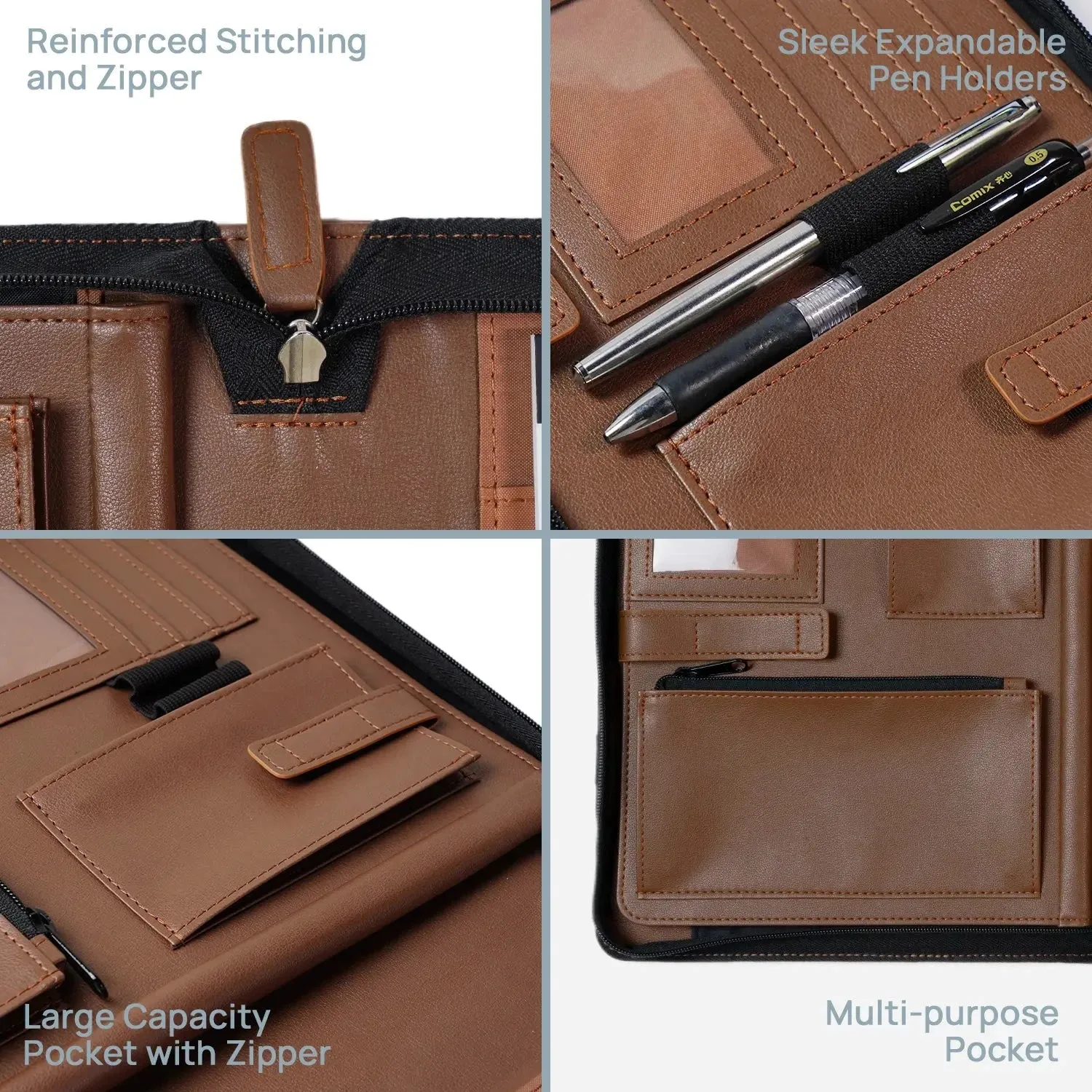 Poprun PF1113PU-BN conférencier zippé cuir marron avec bloc