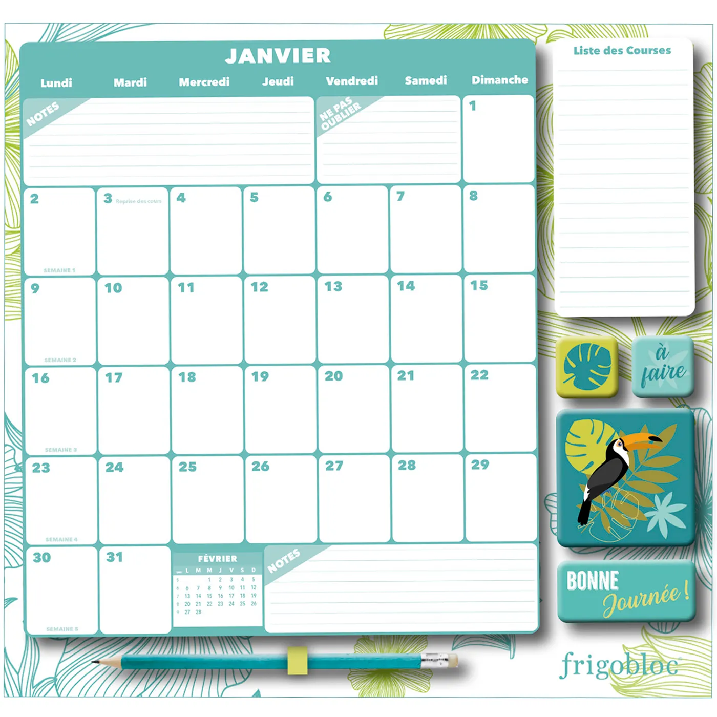 Frigobloc Mensuel 2023 Déco vert calendrier familial aimanté
