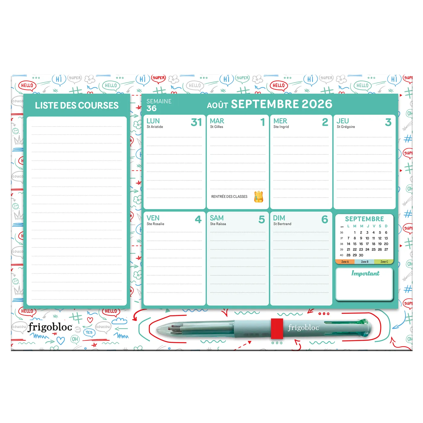 Frigobloc Mini Hebdomadaire 2027 calendrier familial 4 couleurs