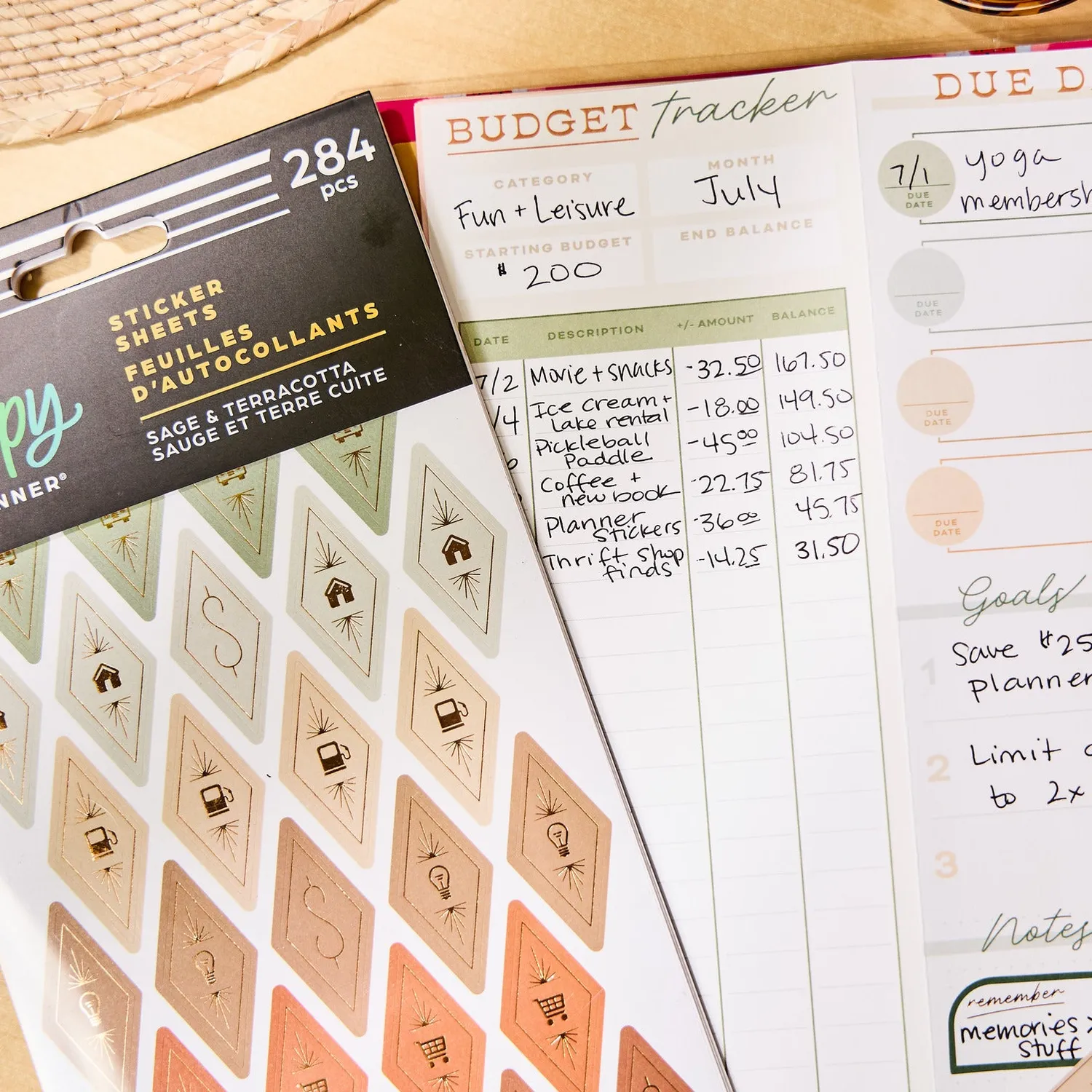 Happy Planner Sage & Terracotta stickers budget x10