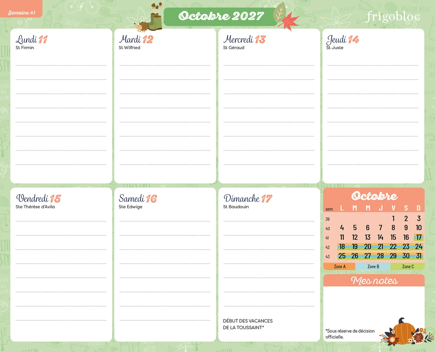 Frigobloc Planning hebdomadaire calendrier familial 2027 aimanté