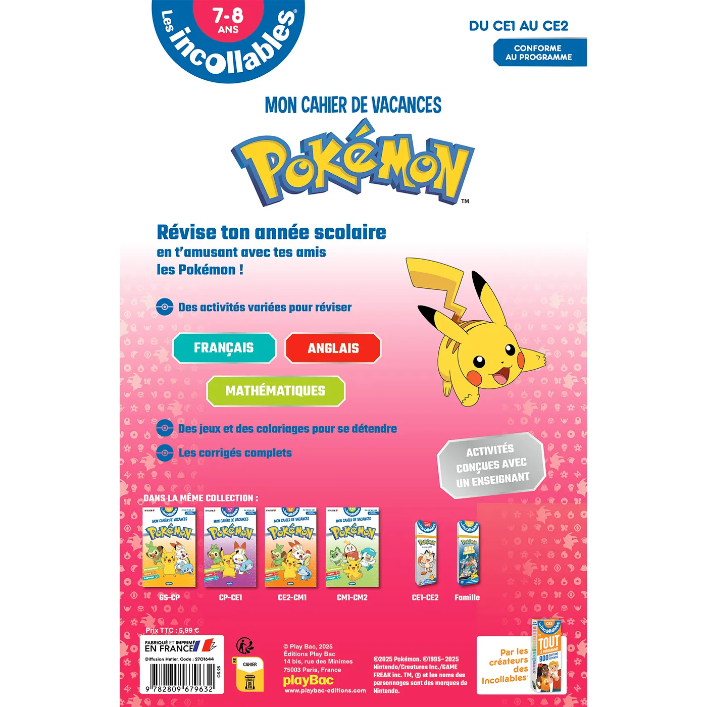 Incollables Pokémon CE1 au CE2 cahier de vacances 7-8 ans