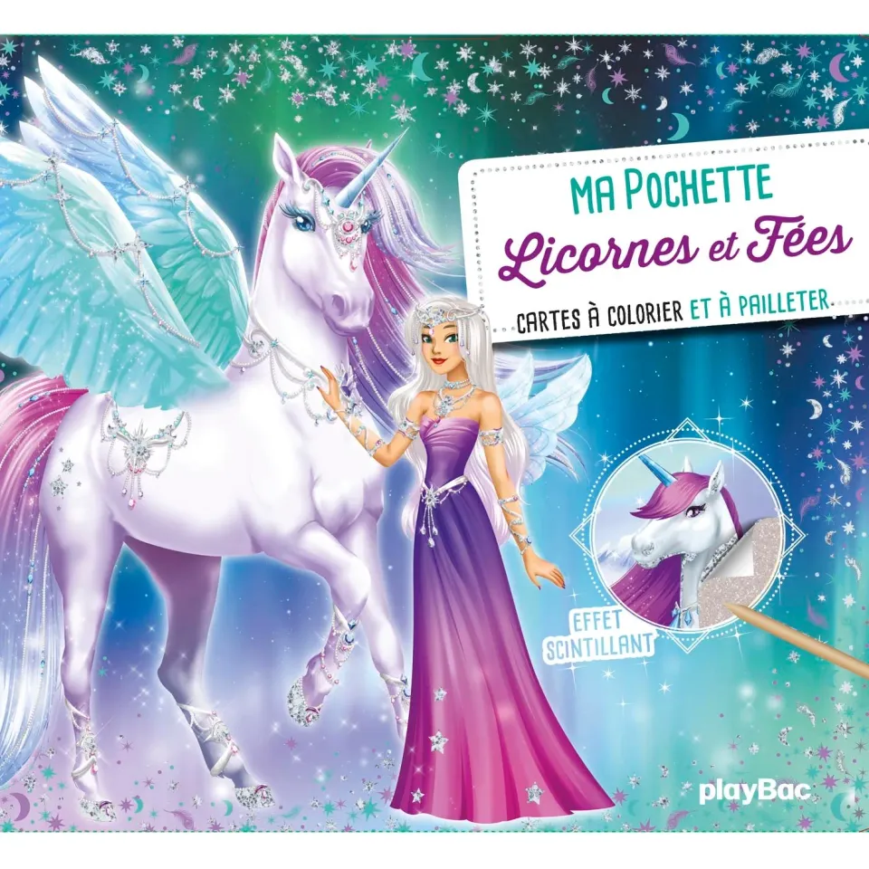 Ma pochette Licornes et fées cartes à pailleter coloriage