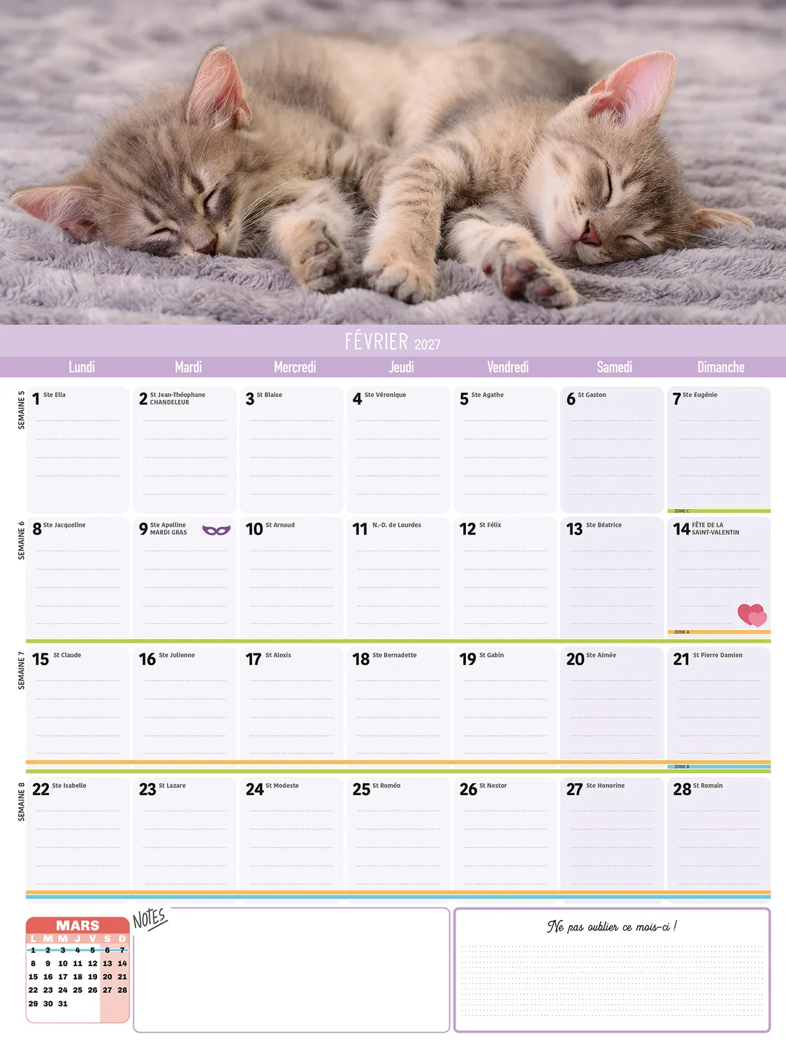 Frigobloc Mensuel Chats 2027 calendrier familial sept 2026-déc 2027
