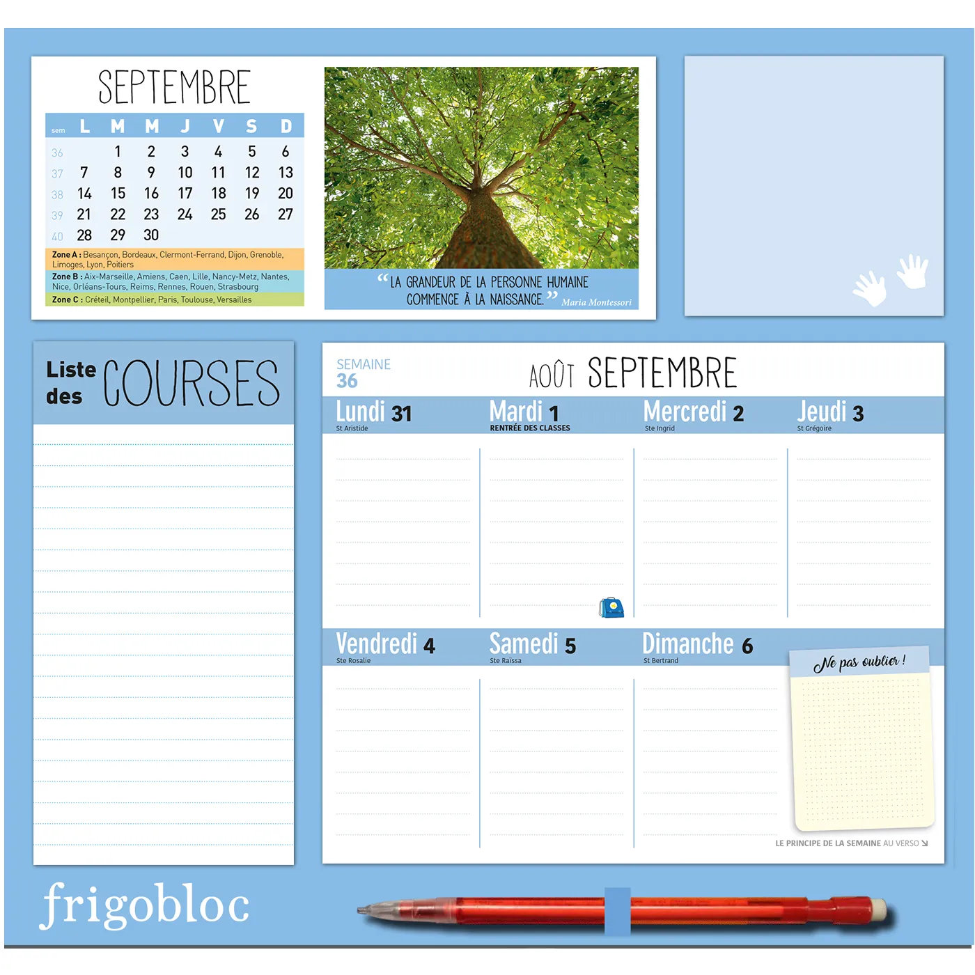 Frigobloc Montessori 2021 calendrier familial aimanté sept 2020-déc 2021