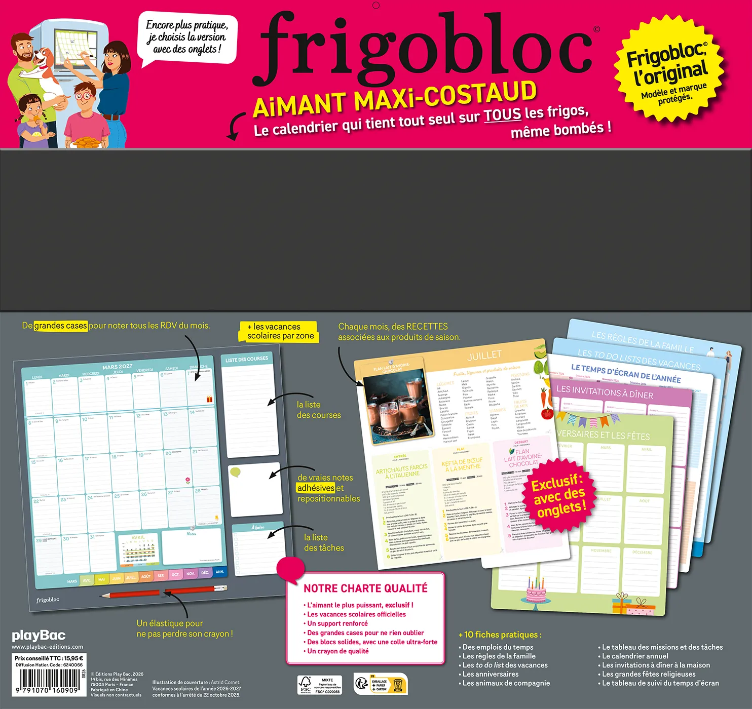 Frigobloc Mensuel calendrier familial 2027 à onglets aimanté