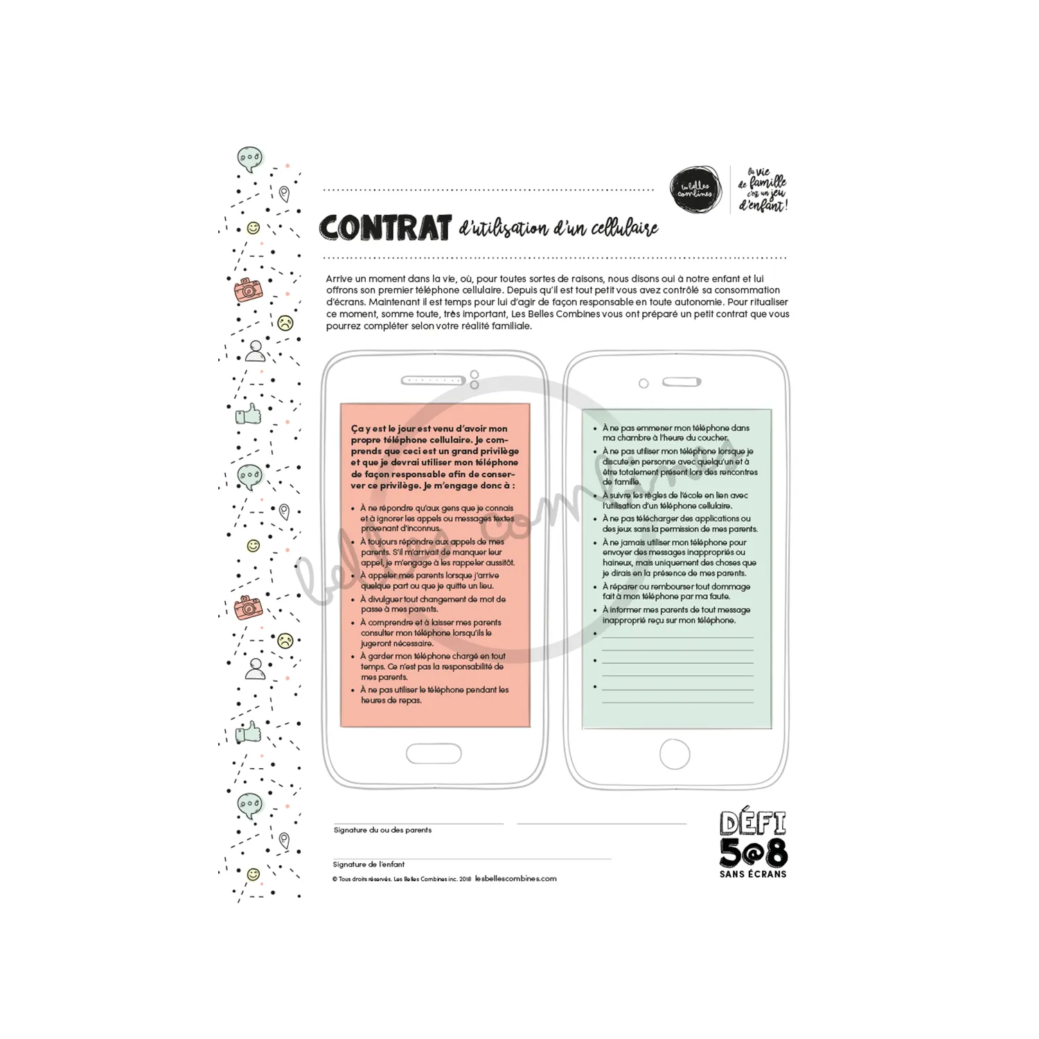 Les Belles Combines Contrat cellulaire fiche à imprimer bilingue