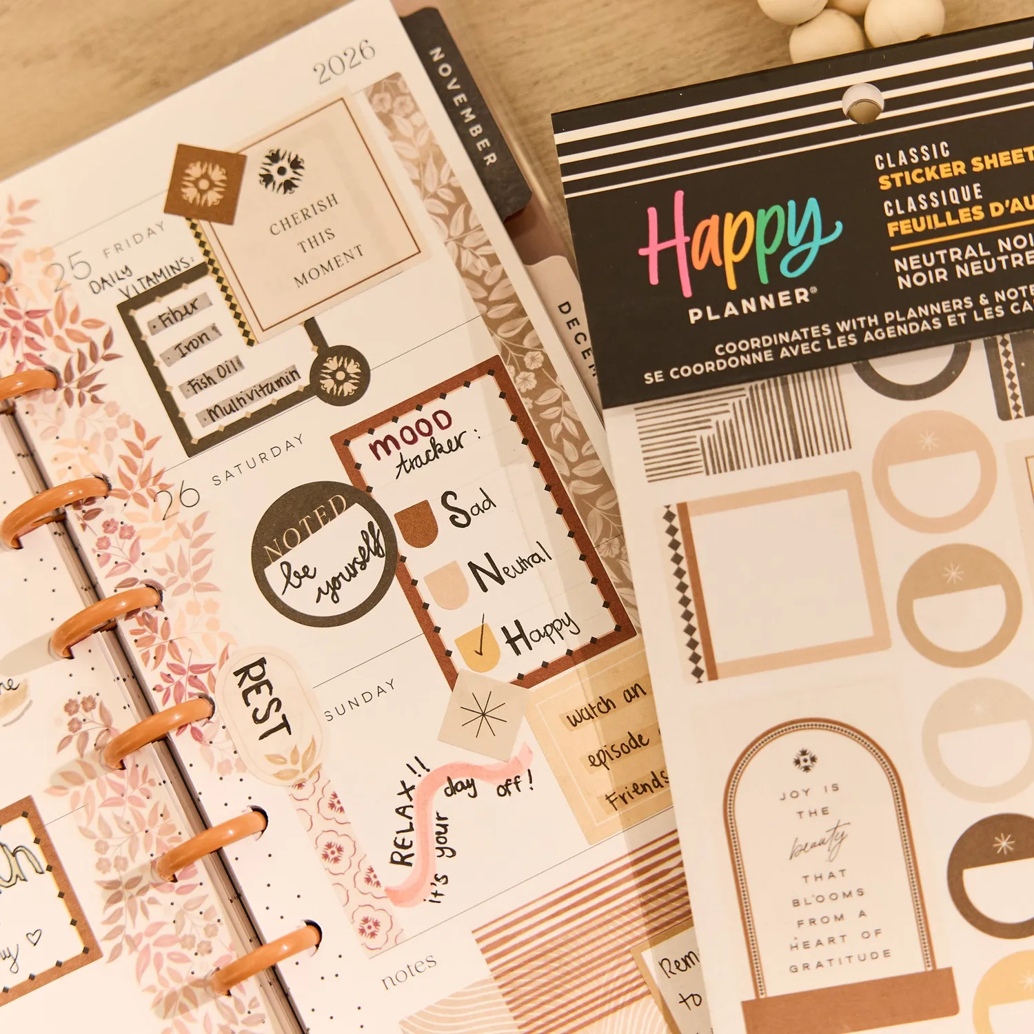 Happy Planner Neutral Noir stickers classiques 30 feuilles