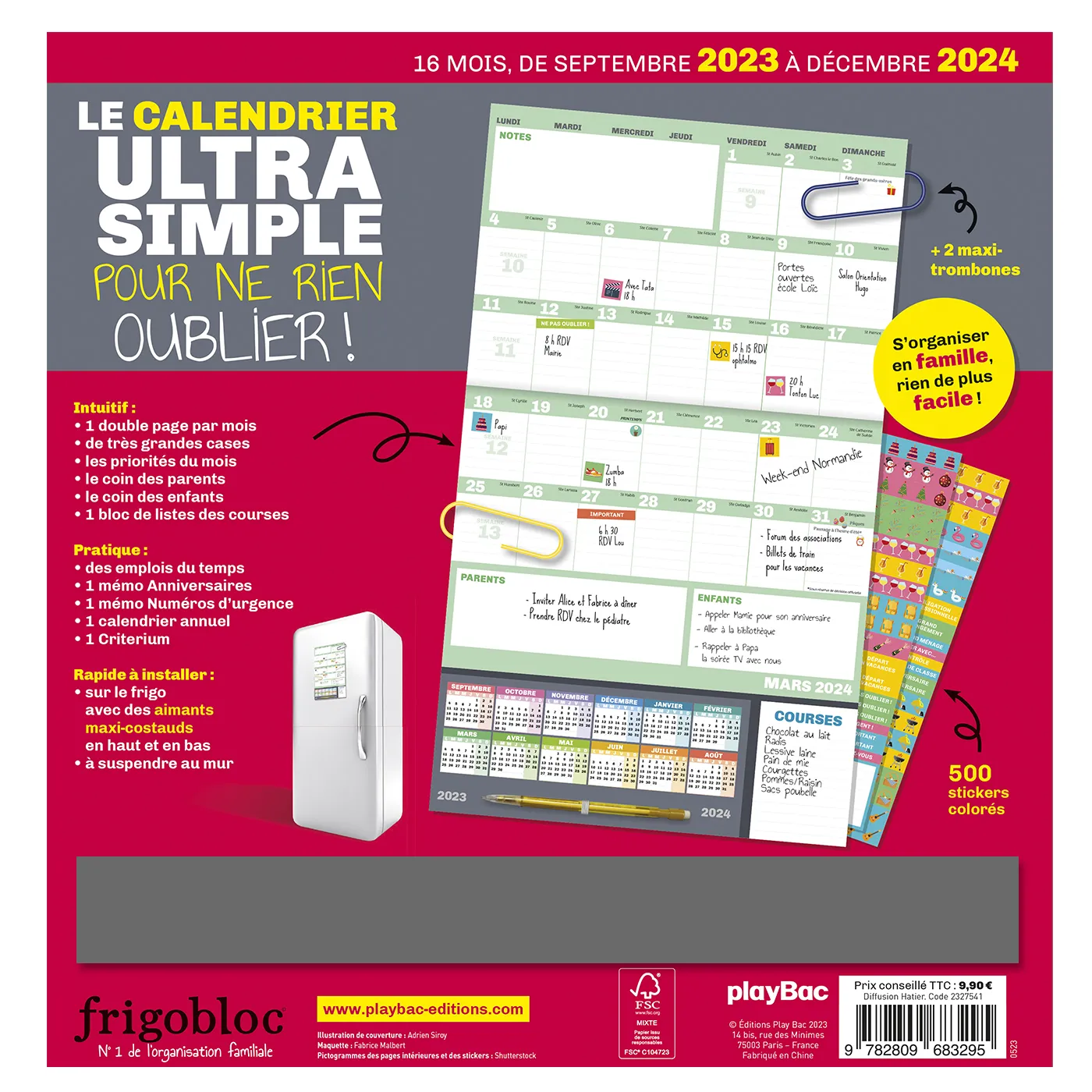 Frigobloc Mini Ultra Simple calendrier familial sept 2023-déc 2024