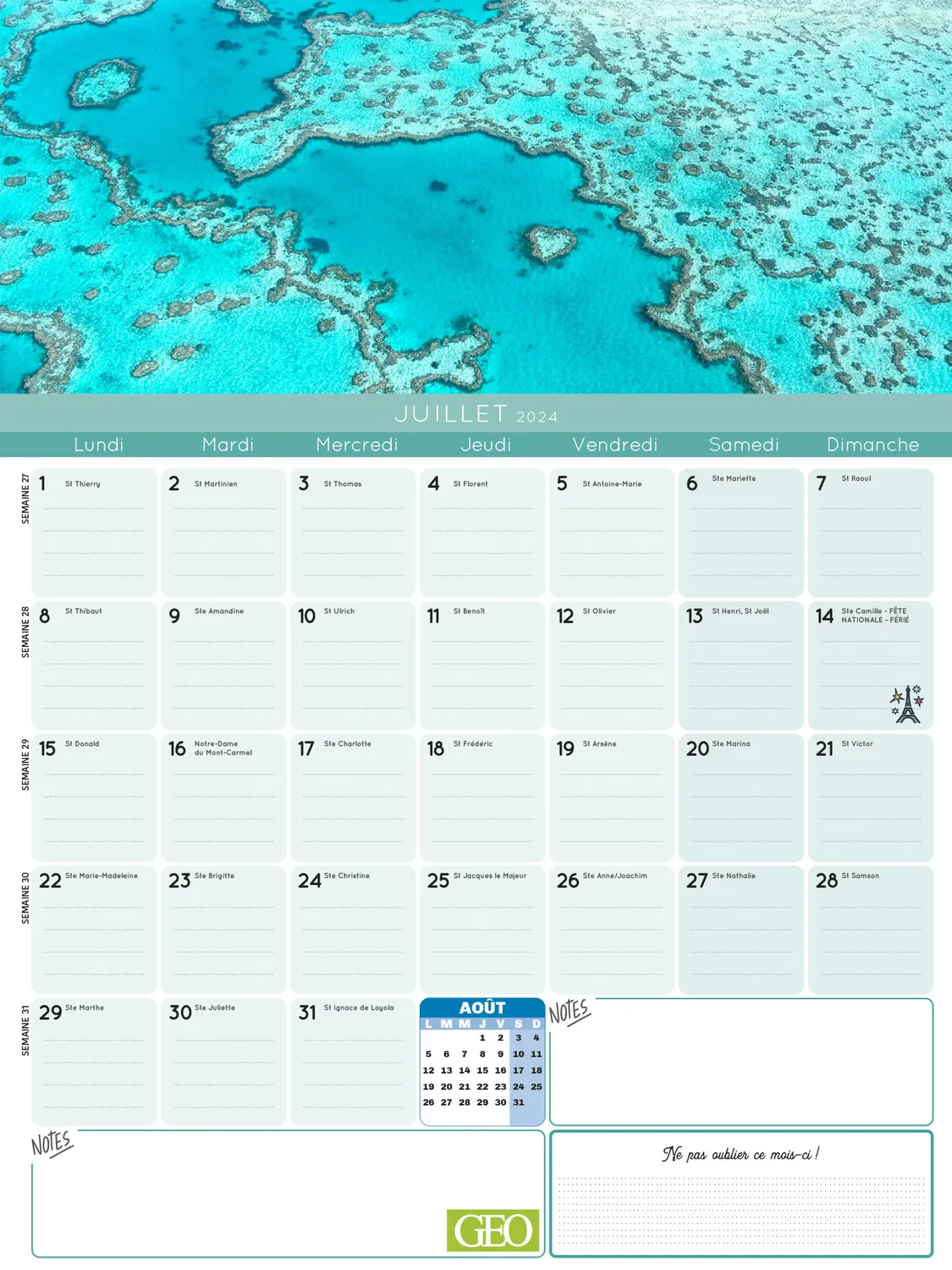Frigobloc Mensuel 2024 Géo calendrier familial 16 mois