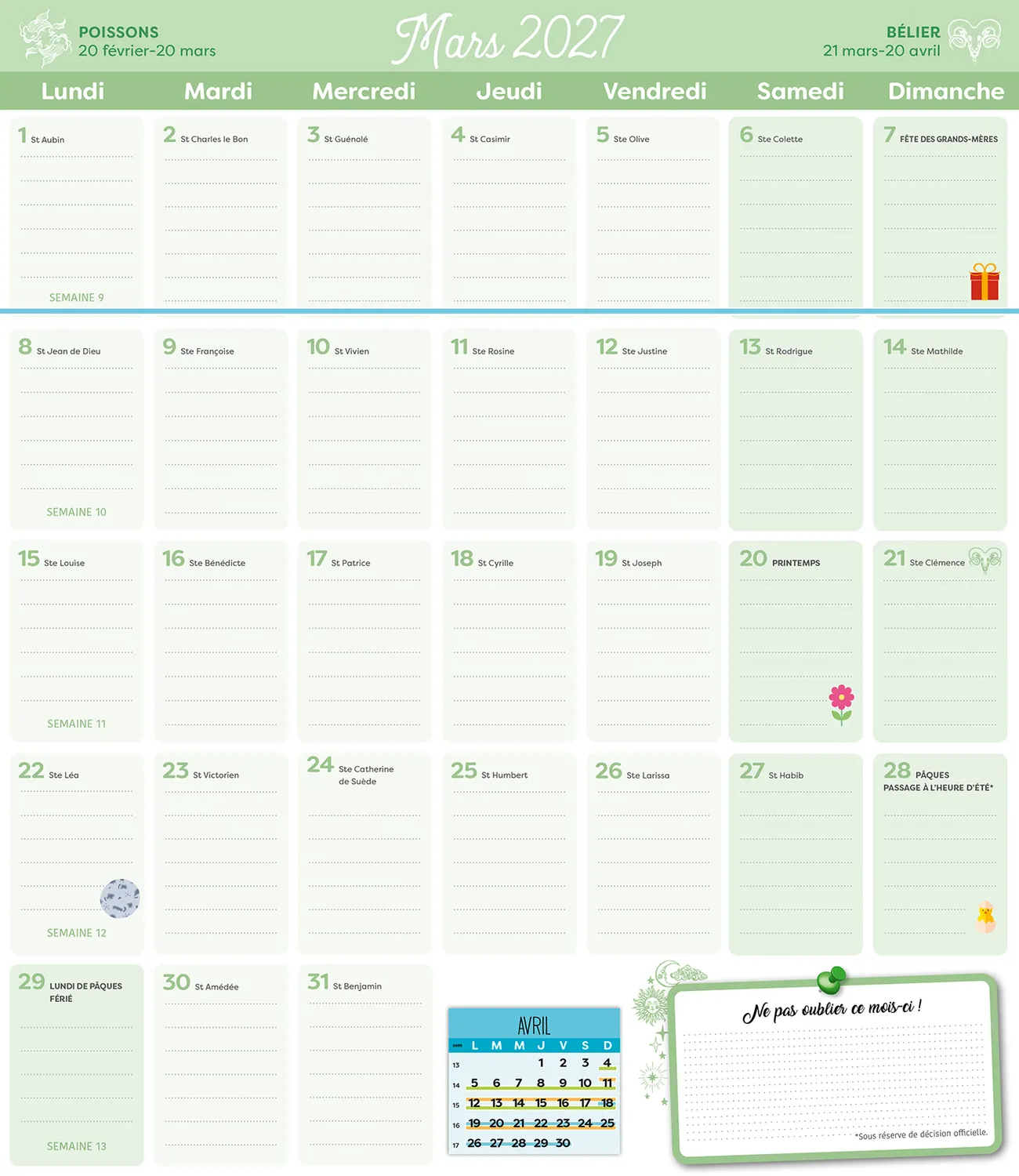 Frigobloc Mensuel 2027 Horoscope calendrier familial aimanté