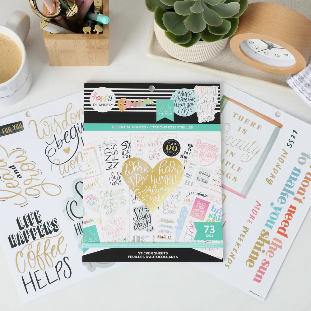 Happy Planner Essential Quotes stickers grand 15 planches 73 doré