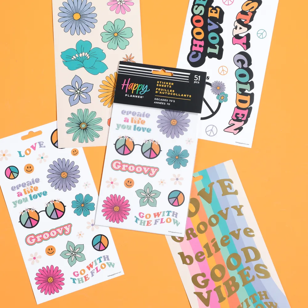 Happy Planner Decades 70s stickers disco 5 feuilles 51 pièces