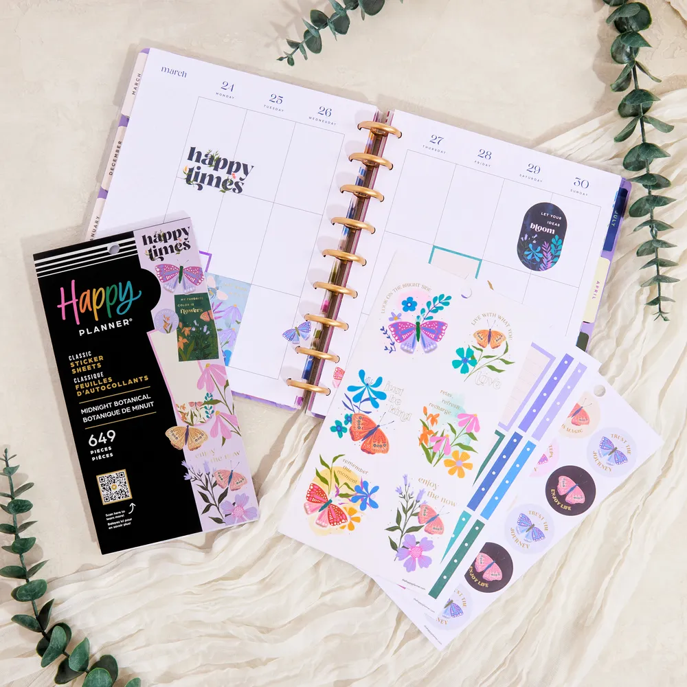 Happy Planner Midnight Botanical stickers Classic 649 pièces